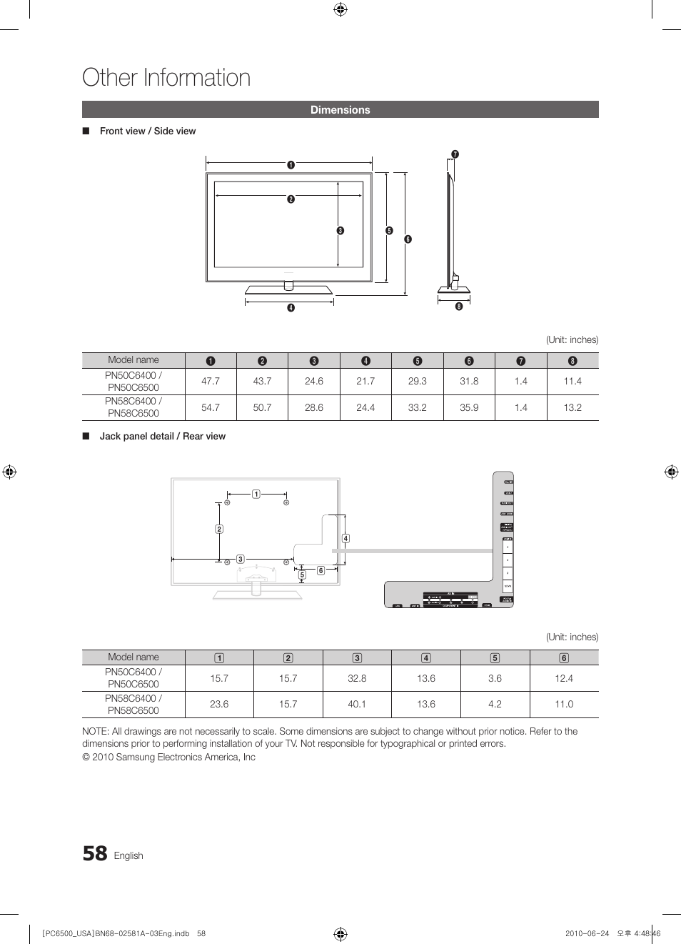 Dimensions, Other information | Samsung 6500 User Manual | Page 58 / 60