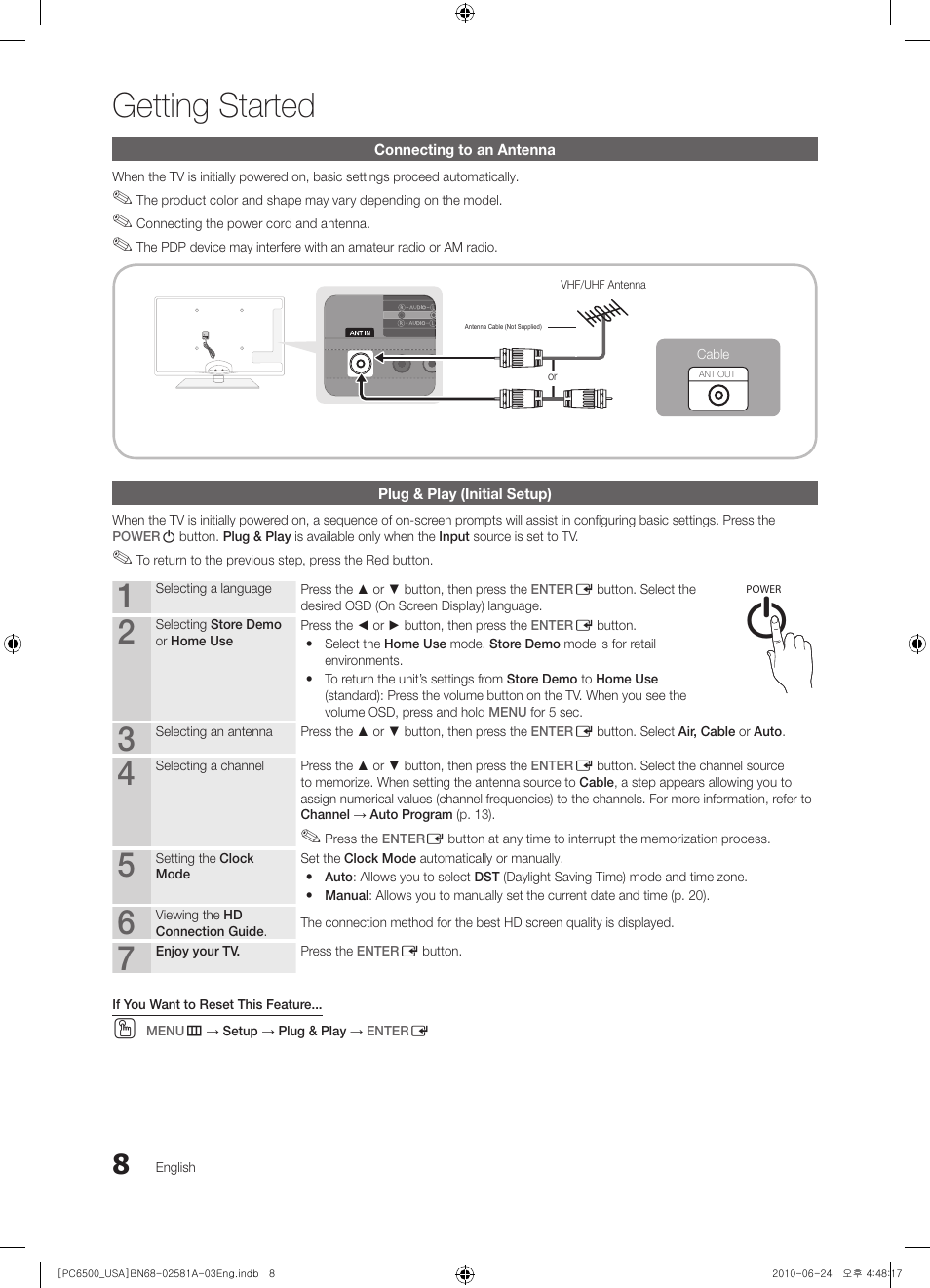 Connecting to an antenna, Plug & play (initial setup), Getting started | Samsung 6500 User Manual | Page 8 / 60