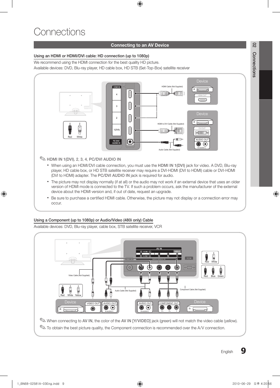 Connections, Connecting to an av device, 02 connections | Samsung 6500 User Manual | Page 9 / 60