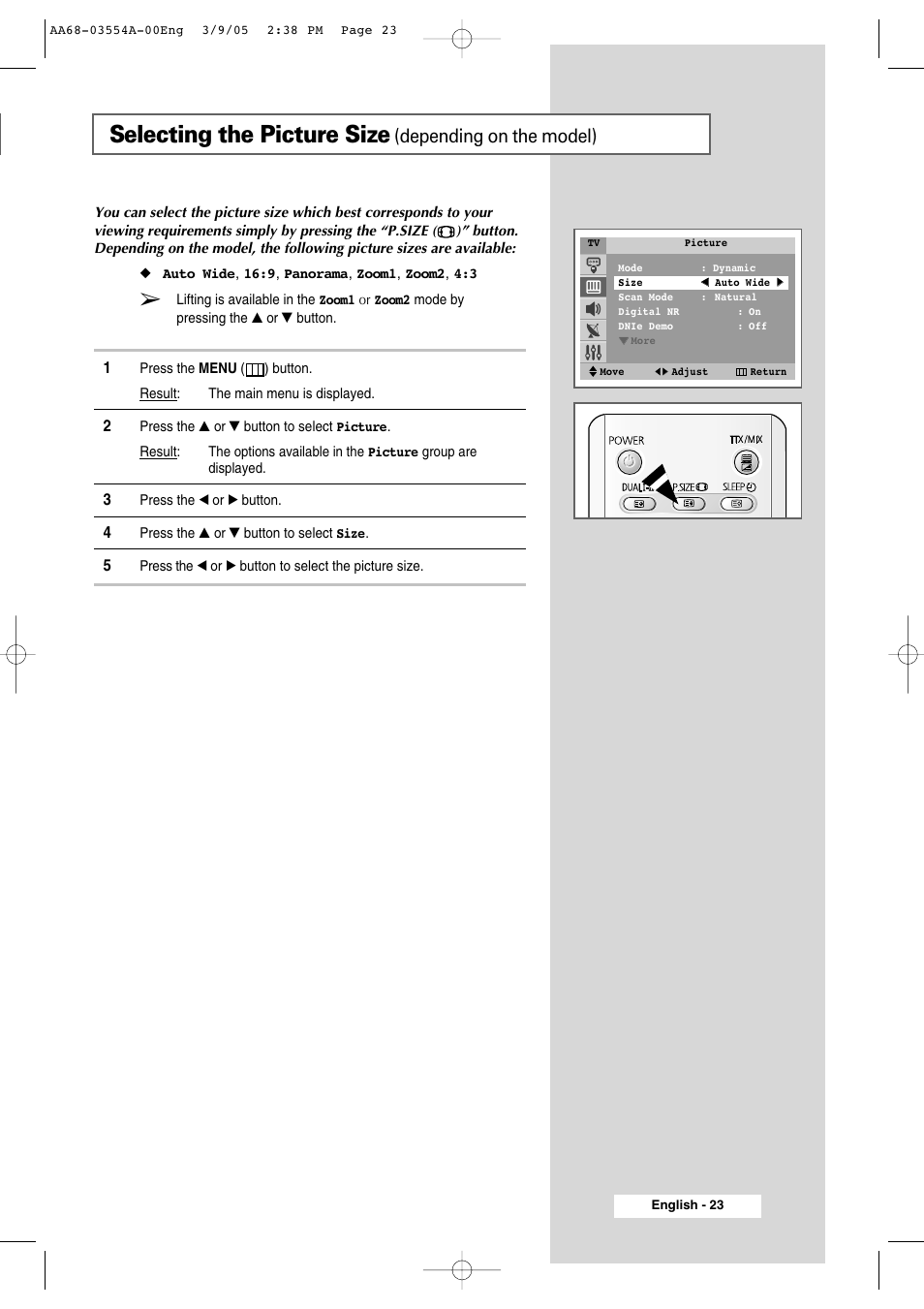 Selecting the picture size, Depending on the model) | Samsung WS-32Z308P User Manual | Page 23 / 48