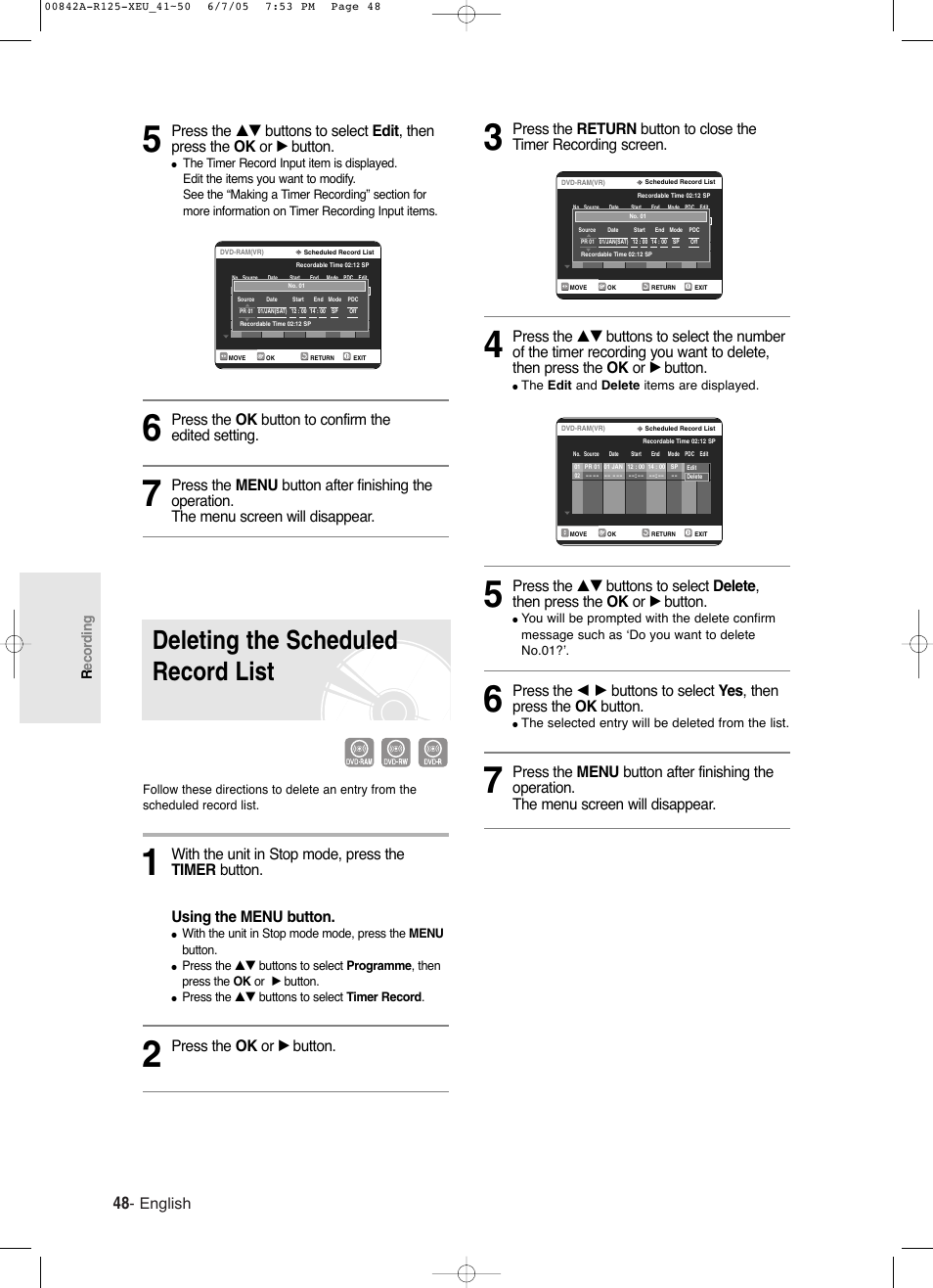 Deleting the scheduled record list, English, Press the ok button to confirm the edited setting | Press the ok or √ button, Recording | Samsung DVD-R125 User Manual | Page 48 / 93