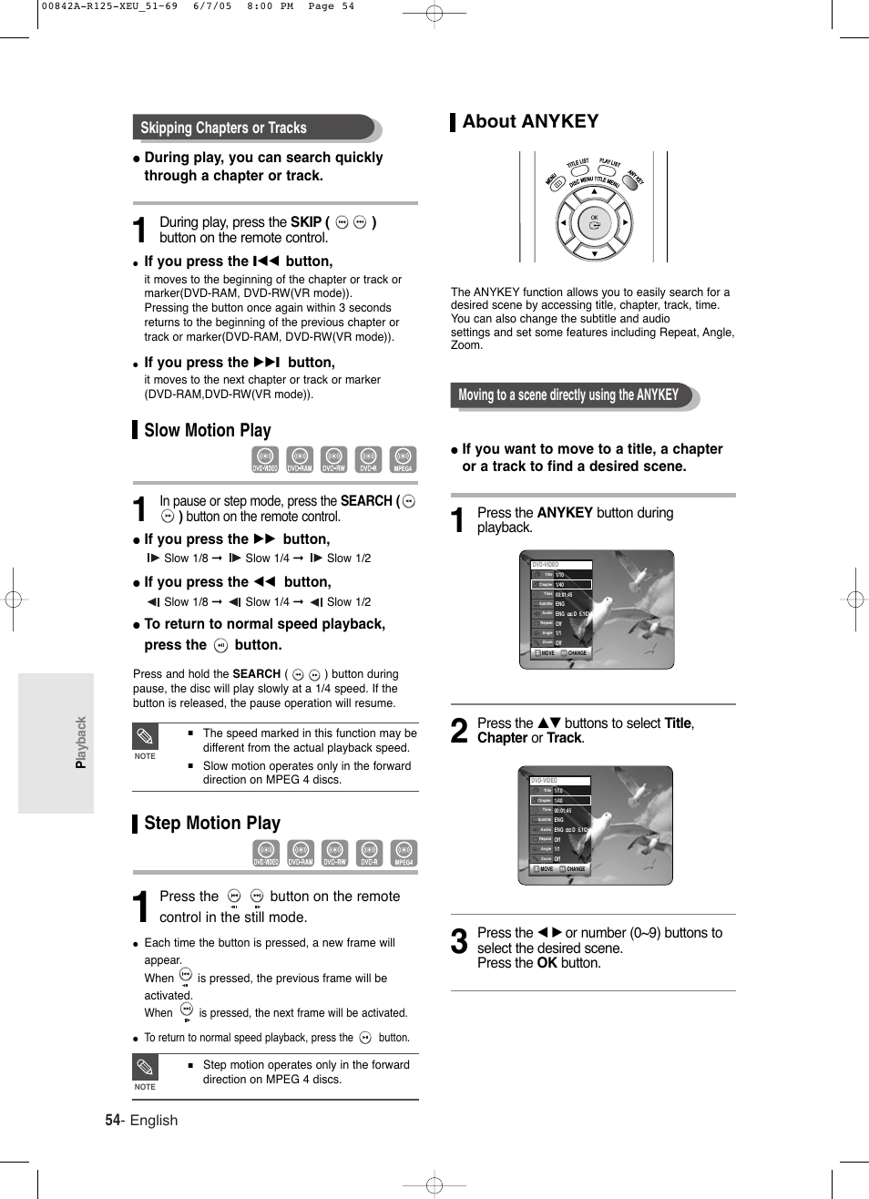 Slow motion play, Step motion play, About anykey | English, Press the anykey button during playback, If you press the ❙œœ button, If you press the √√ ❙ button, If you press the √√ button, If you press the œœ button | Samsung DVD-R125 User Manual | Page 54 / 93
