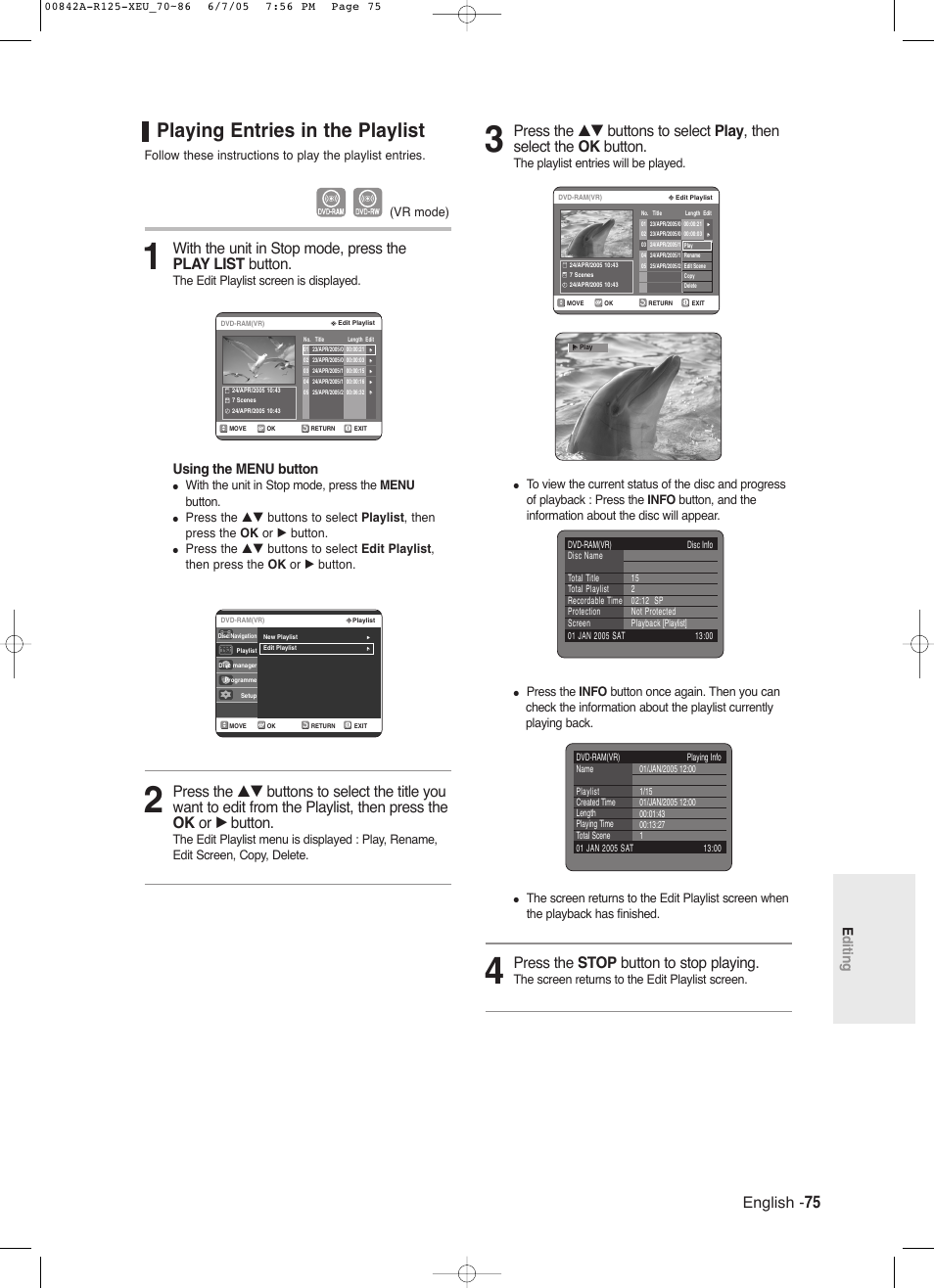 Playing entries in the playlist, English, Press the stop button to stop playing | Editing, Using the menu button, The playlist entries will be played, The screen returns to the edit playlist screen, The edit playlist screen is displayed, With the unit in stop mode, press the menu button, Vr mode) | Samsung DVD-R125 User Manual | Page 75 / 93