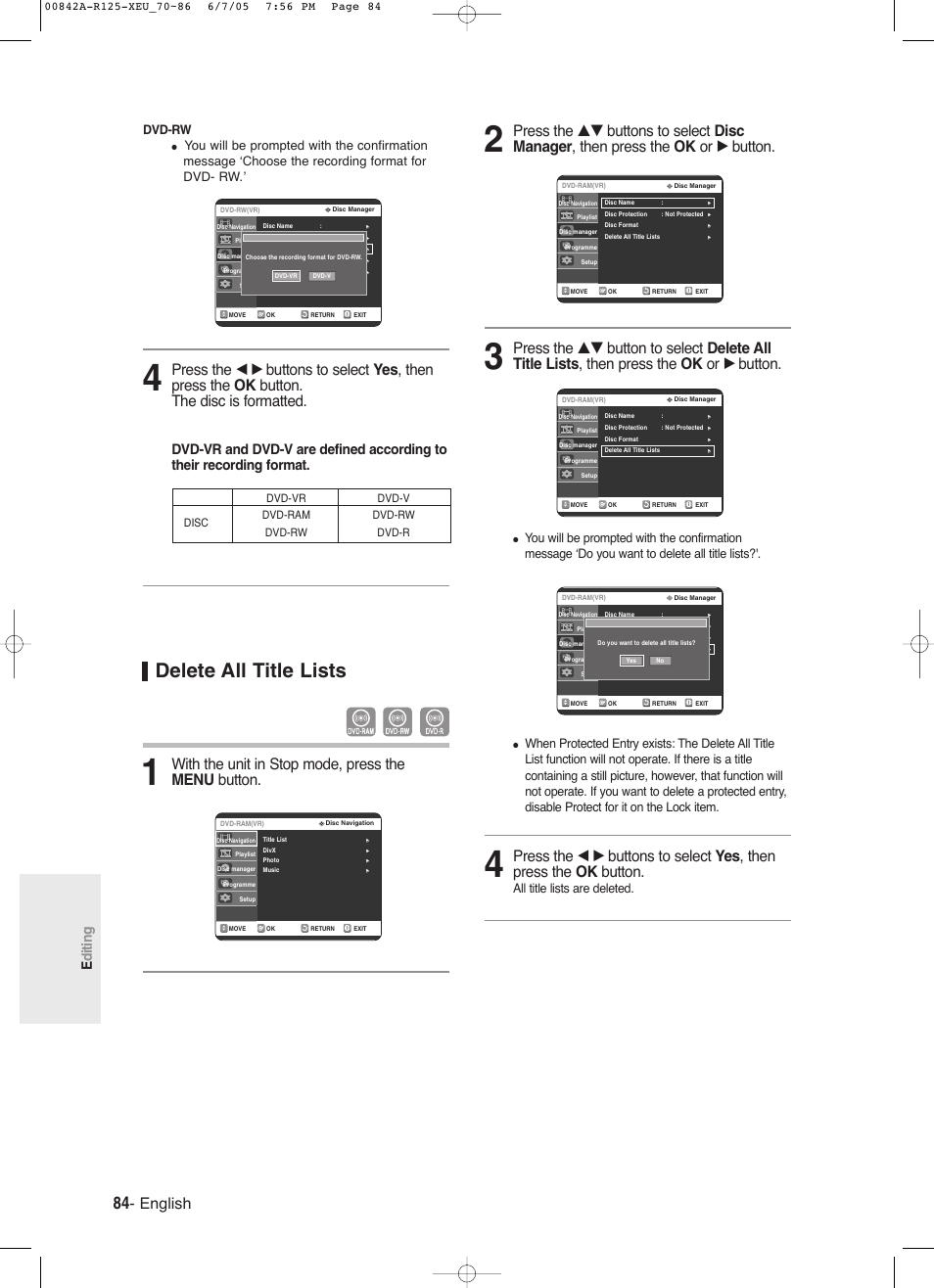 Delete all title lists, English, With the unit in stop mode, press the menu button | Editing, All title lists are deleted. dvd-rw | Samsung DVD-R125 User Manual | Page 84 / 93