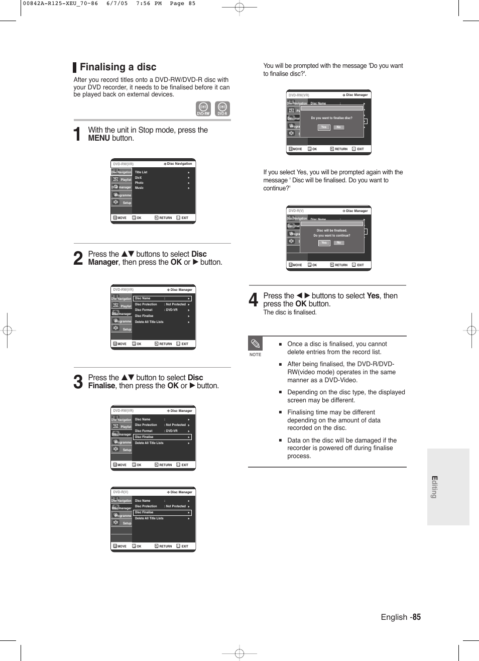 Finalising a disc, English, With the unit in stop mode, press the menu button | Editing, The disc is finalised | Samsung DVD-R125 User Manual | Page 85 / 93