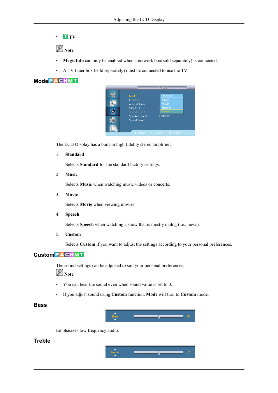 Mode, Custom, Bass | Treble | Samsung 400TS-3 User Manual | Page 125 / 167