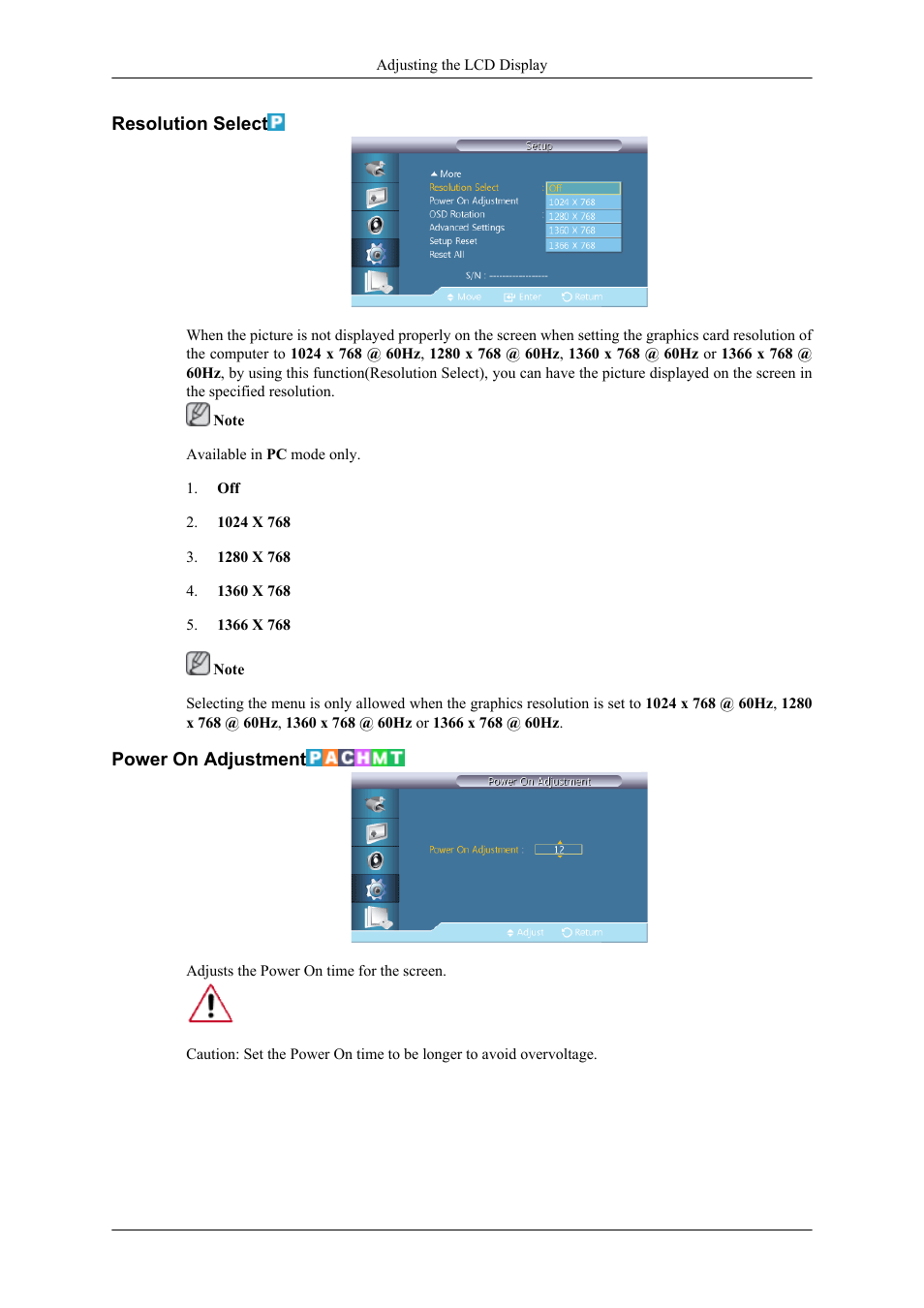 Resolution select, Power on adjustment | Samsung 400TS-3 User Manual | Page 137 / 167
