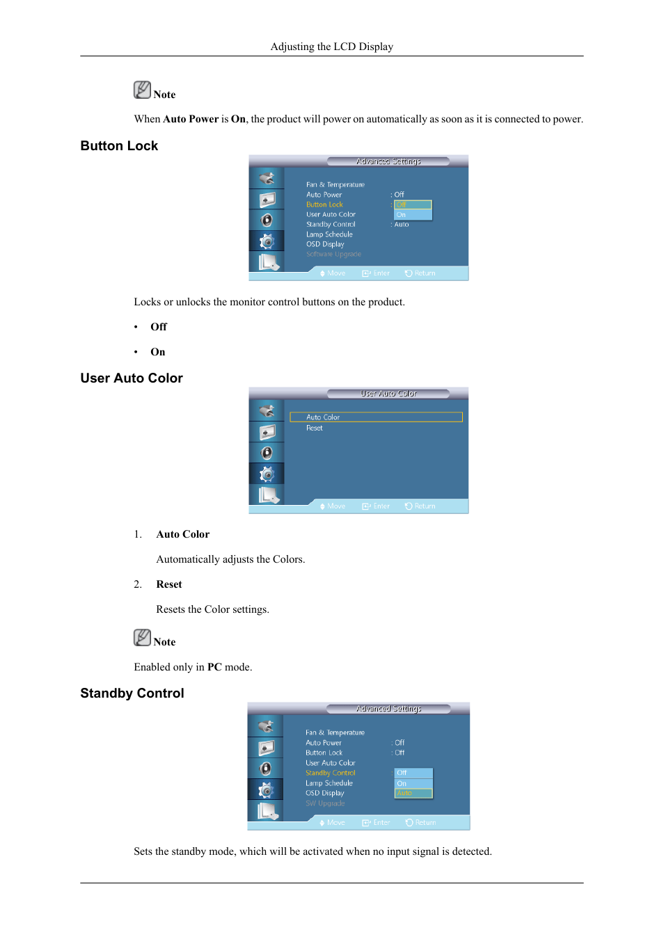 Button lock, User auto color, Standby control | Samsung 400TS-3 User Manual | Page 140 / 167