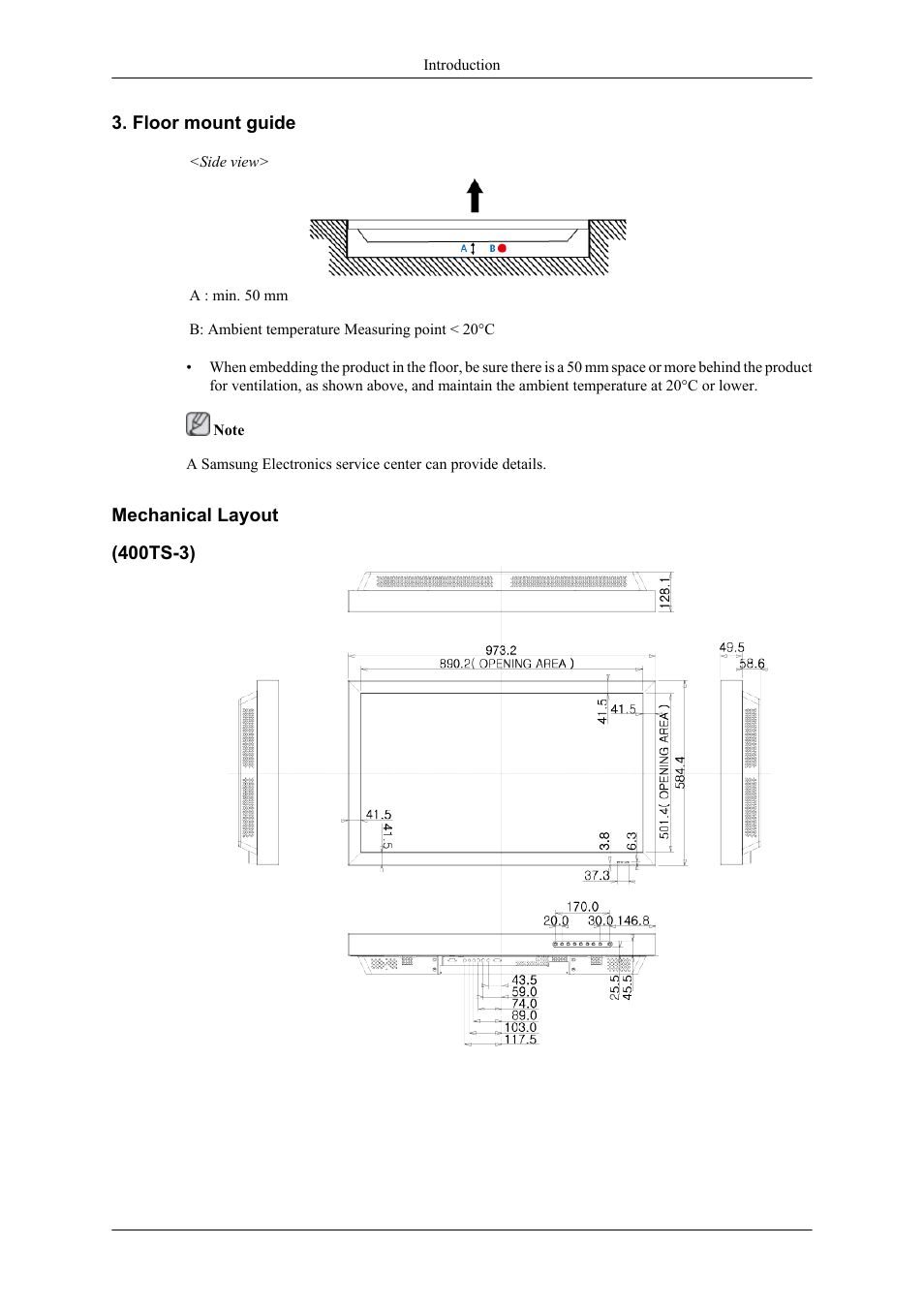 Floor mount guide, Mechanical layout, 400ts-3) | Samsung 400TS-3 User Manual | Page 22 / 167