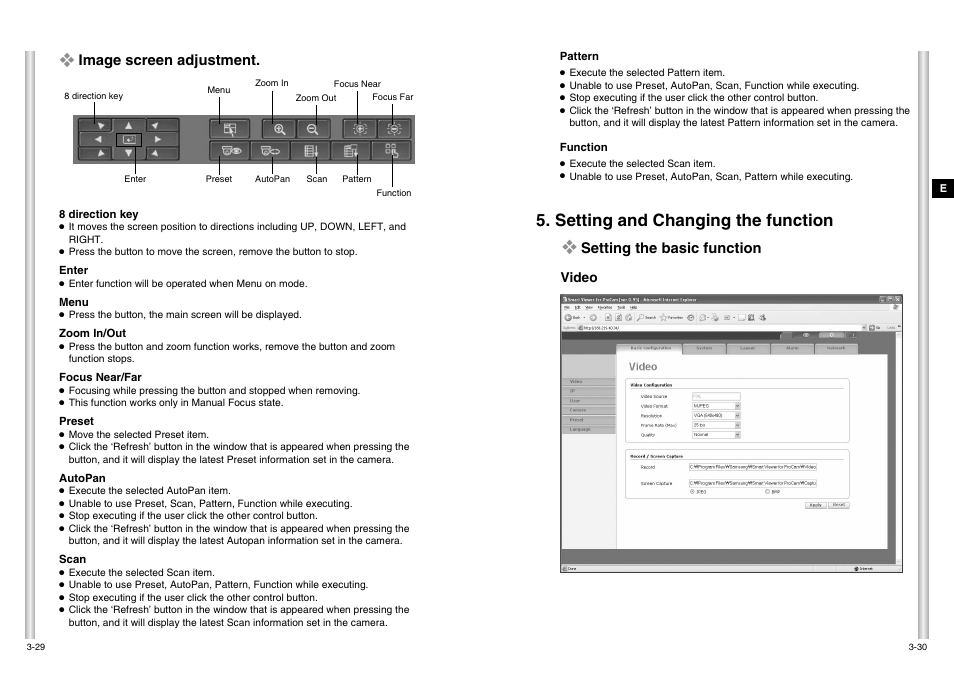 Setting and changing the function, Image screen adjustment, Setting the basic function | Video | Samsung SCC-C6475P User Manual | Page 29 / 69
