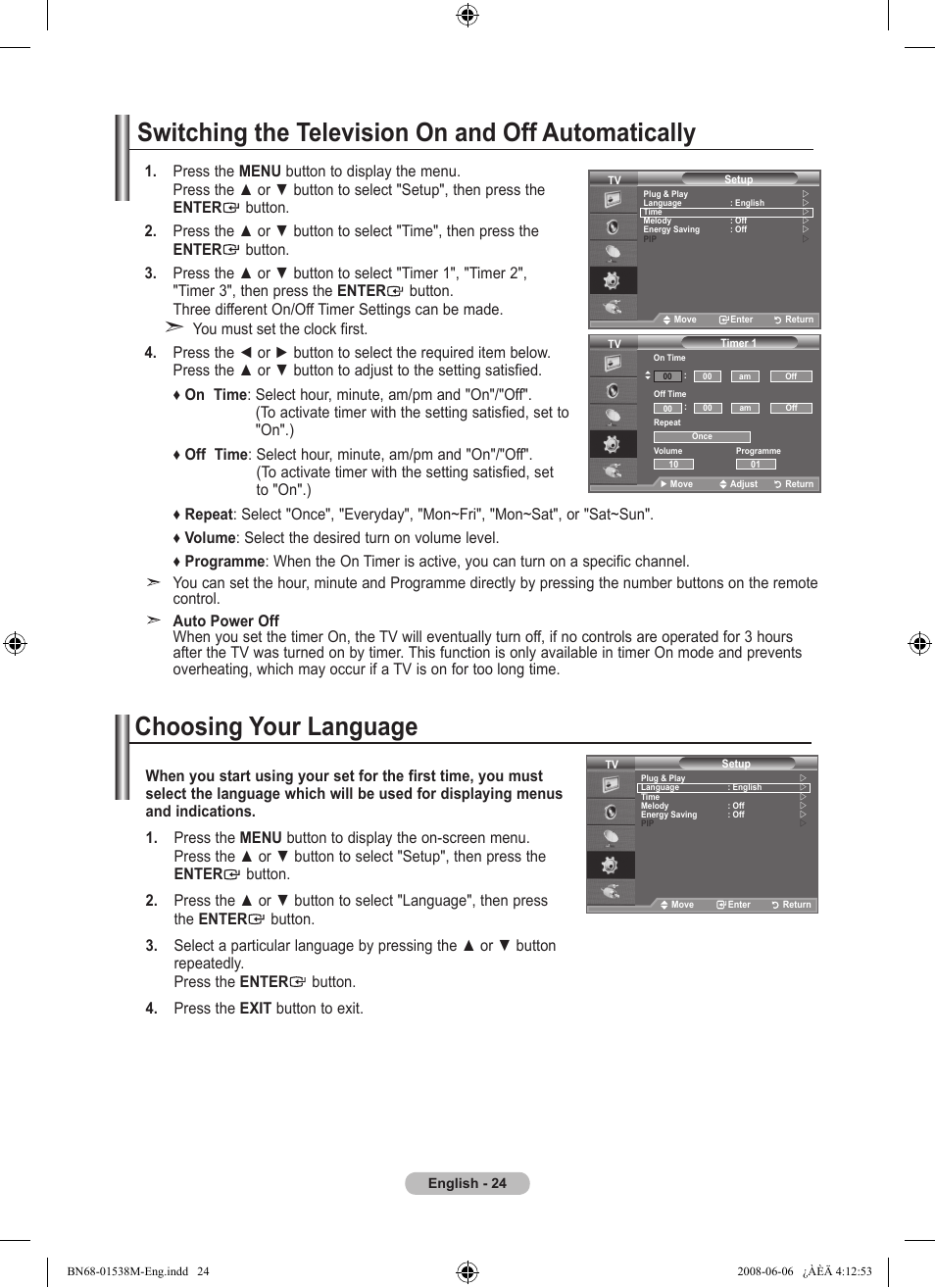 Switching the television on and off automatically, Function description, Choosing your language | Samsung BN68-01538M-00 User Manual | Page 26 / 35