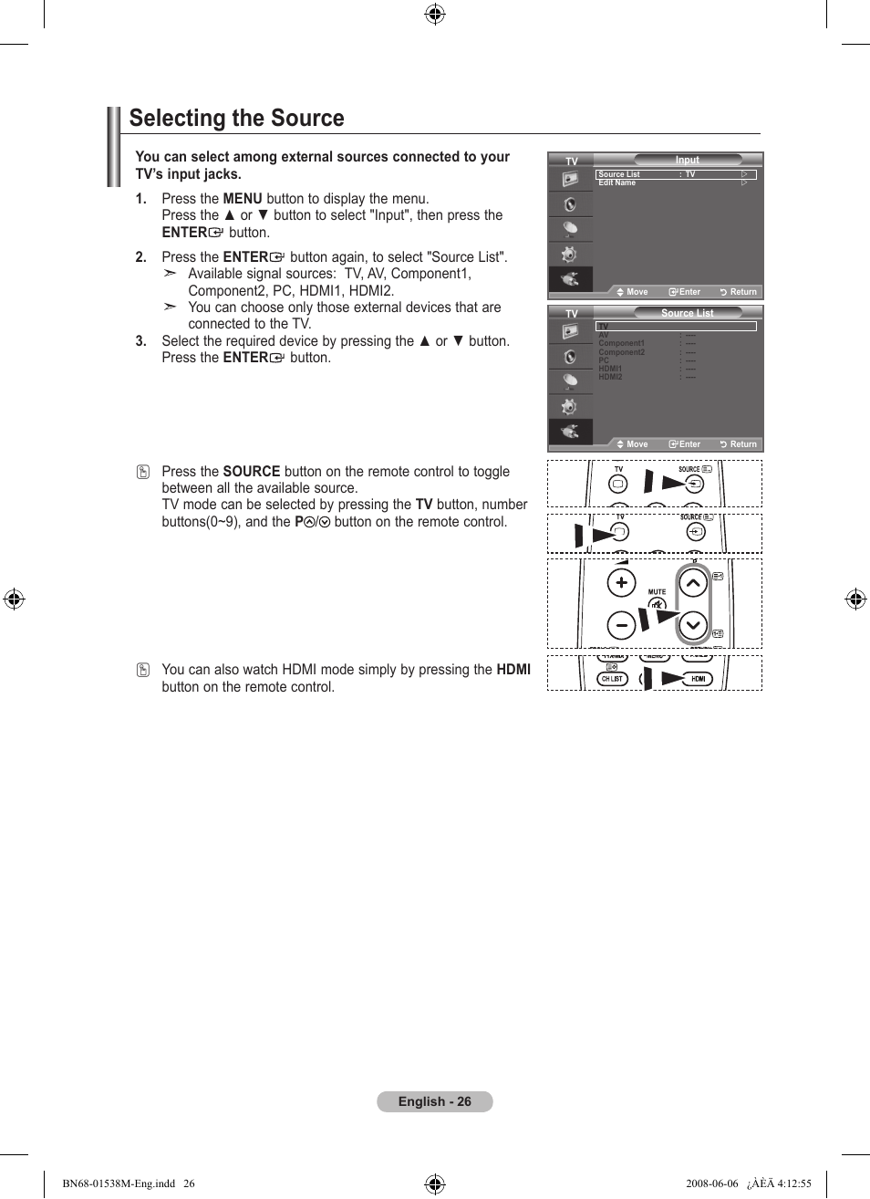 Selecting the source | Samsung BN68-01538M-00 User Manual | Page 28 / 35