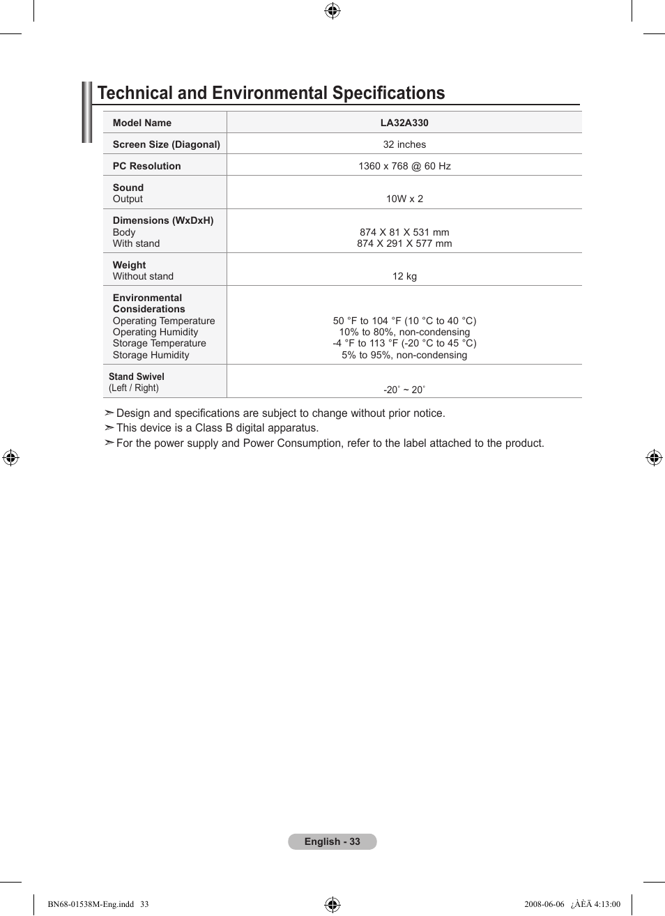 Technical and environmental specifications | Samsung BN68-01538M-00 User Manual | Page 35 / 35