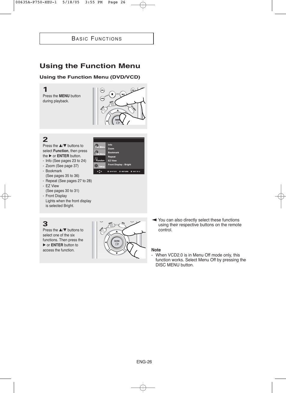 Using the function menu | Samsung DVD-P750 User Manual | Page 26 / 76