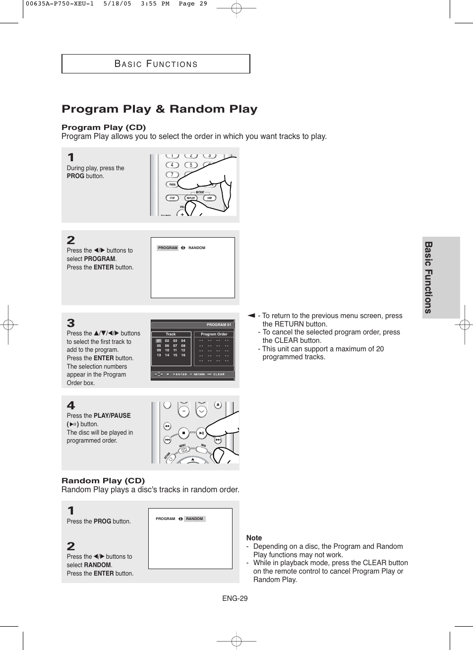 Program play & random play, Basic functions | Samsung DVD-P750 User Manual | Page 29 / 76
