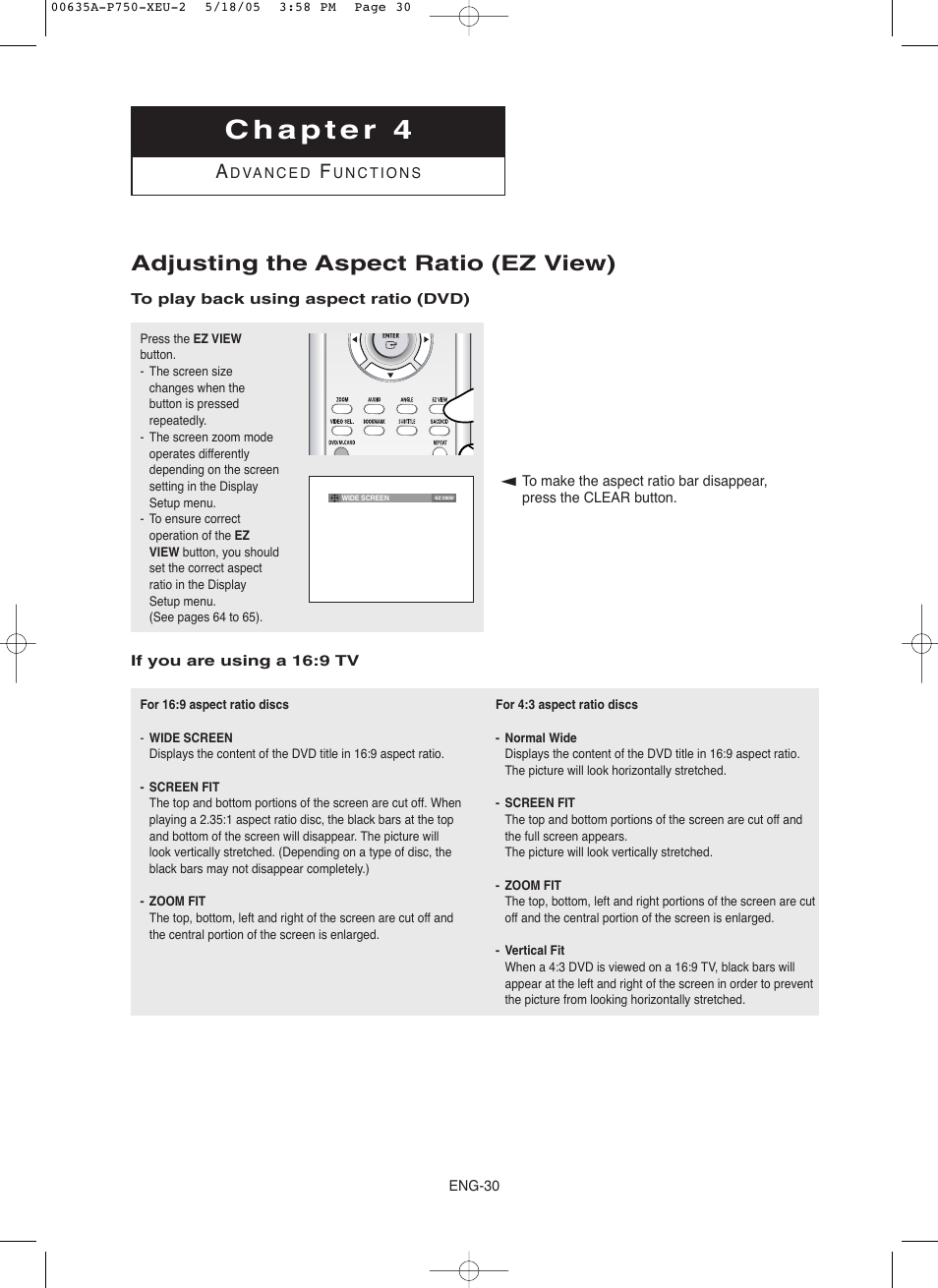 Chapter 4 advanced functions, Adjusting the aspect ratio (ez view) | Samsung DVD-P750 User Manual | Page 30 / 76