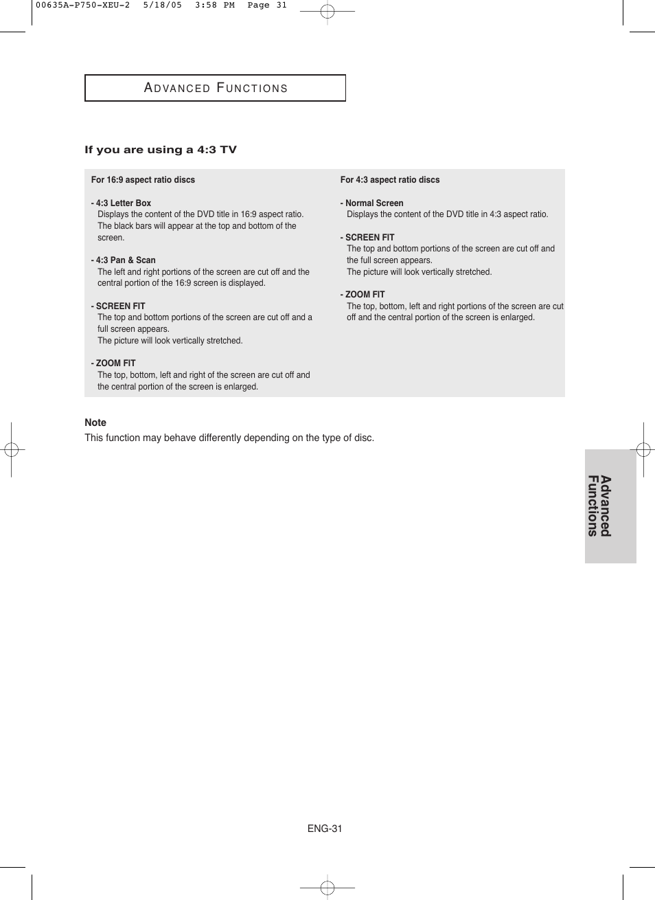 Advanced functions | Samsung DVD-P750 User Manual | Page 31 / 76
