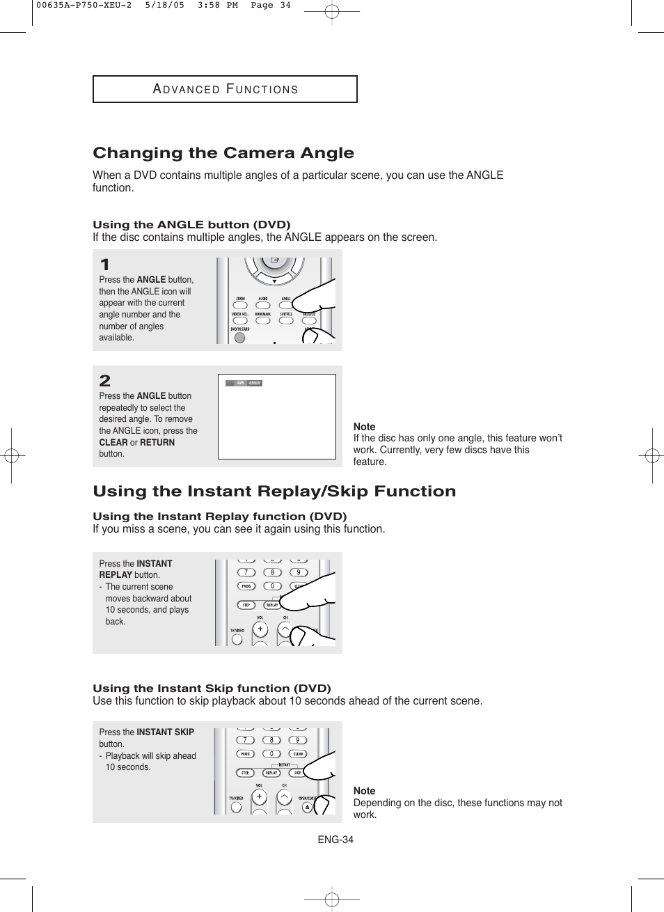 Changing the camera angle, Using the instant replay/skip function | Samsung DVD-P750 User Manual | Page 34 / 76