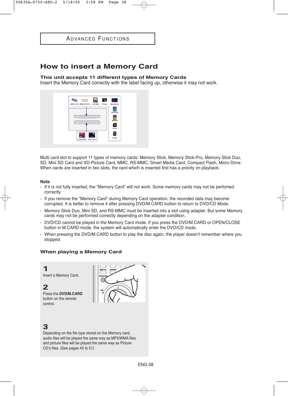 How to insert a memory card | Samsung DVD-P750 User Manual | Page 38 / 76