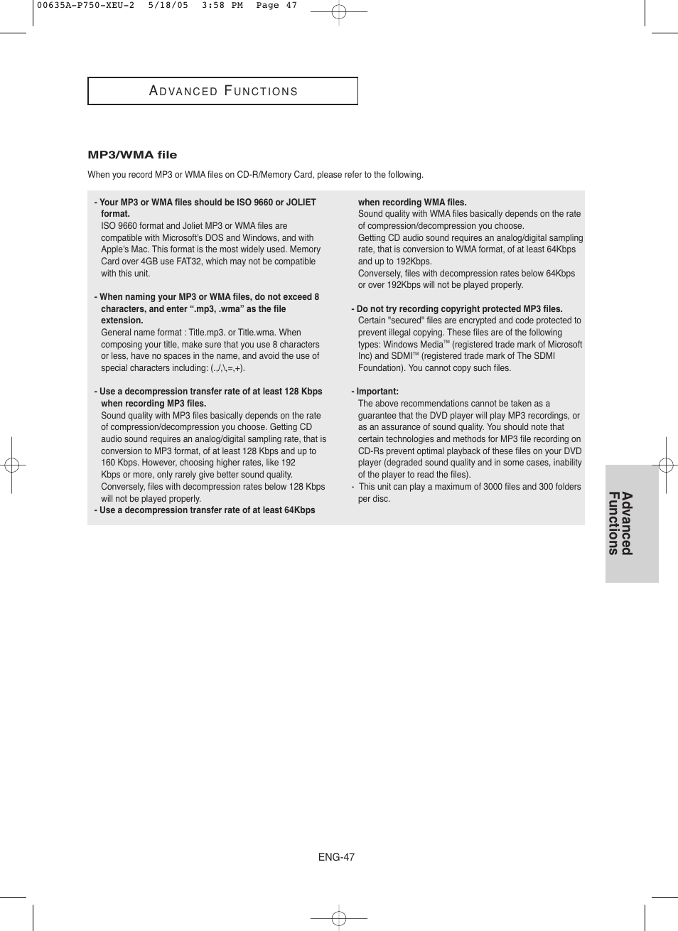 Advanced functions | Samsung DVD-P750 User Manual | Page 47 / 76