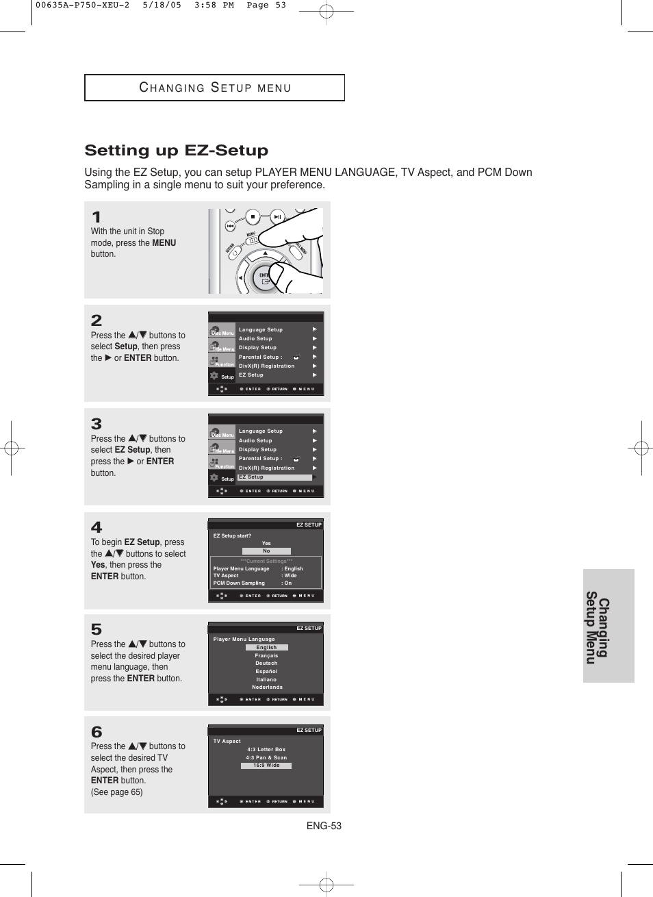 Setting up ez-setup, Changing setup menu, Eng-53 | Samsung DVD-P750 User Manual | Page 53 / 76