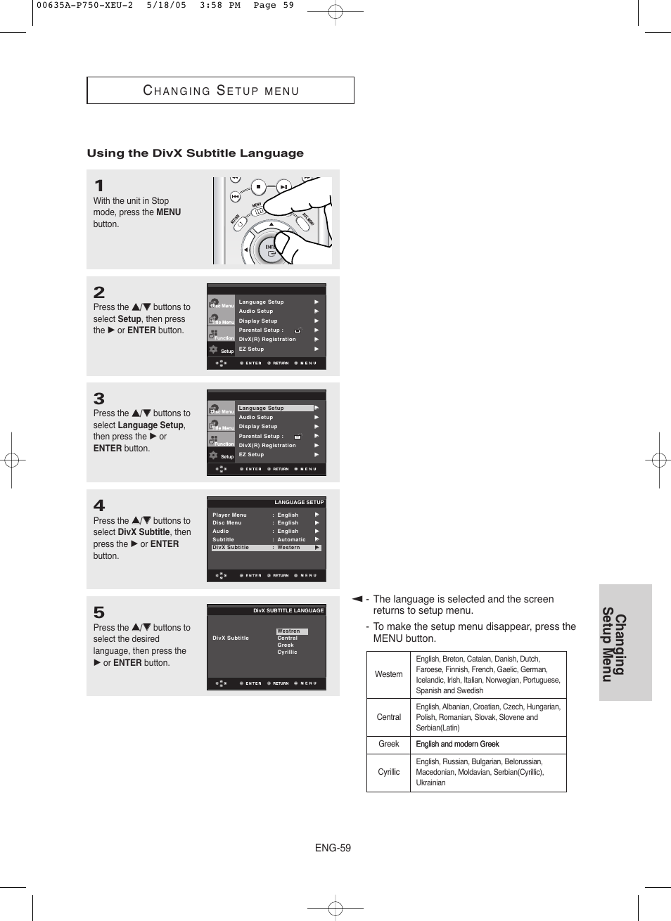 Changing setup menu, Eng-59, Using the divx subtitle language | Samsung DVD-P750 User Manual | Page 59 / 76