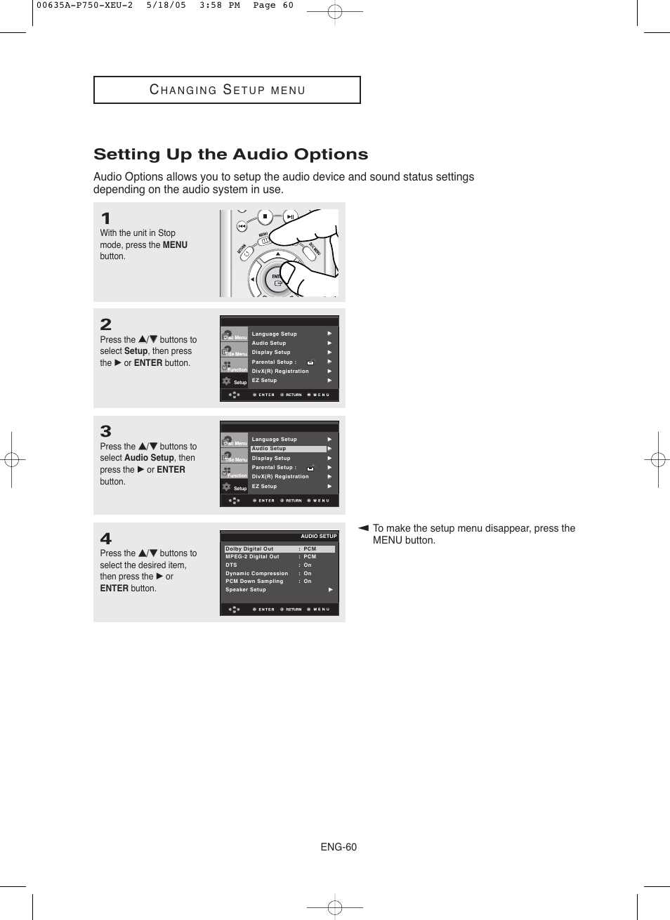 Setting up the audio options, Eng-60 | Samsung DVD-P750 User Manual | Page 60 / 76