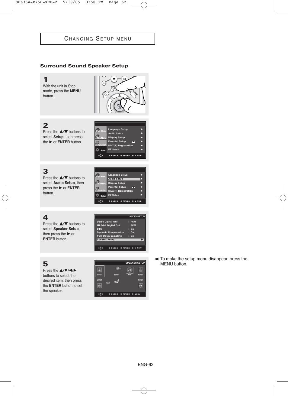 Eng-62, With the unit in stop mode, press the menu button | Samsung DVD-P750 User Manual | Page 62 / 76