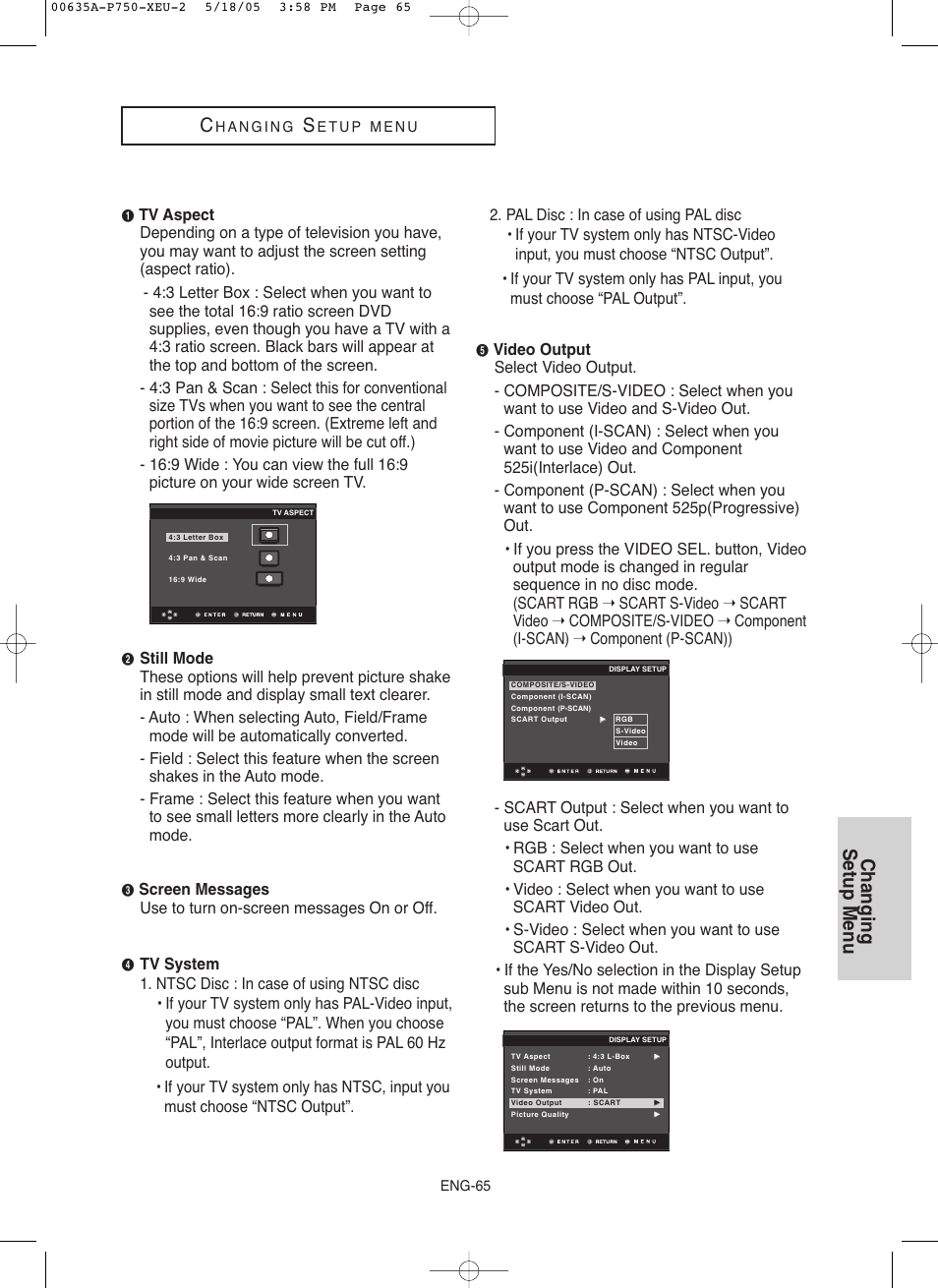 Changing setup menu | Samsung DVD-P750 User Manual | Page 65 / 76