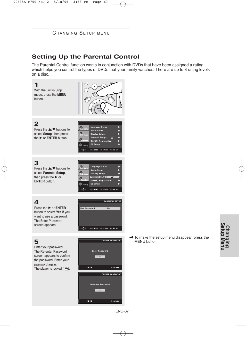 Setting up the parental control, Changing setup menu, Eng-67 | Samsung DVD-P750 User Manual | Page 67 / 76