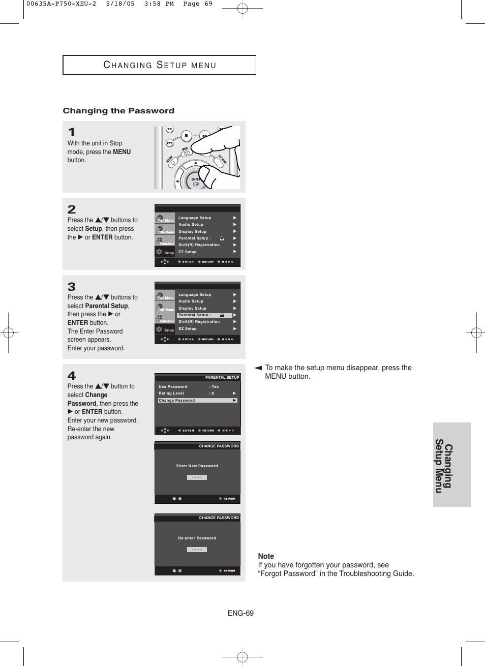 Changing setup menu, Eng-69 | Samsung DVD-P750 User Manual | Page 69 / 76