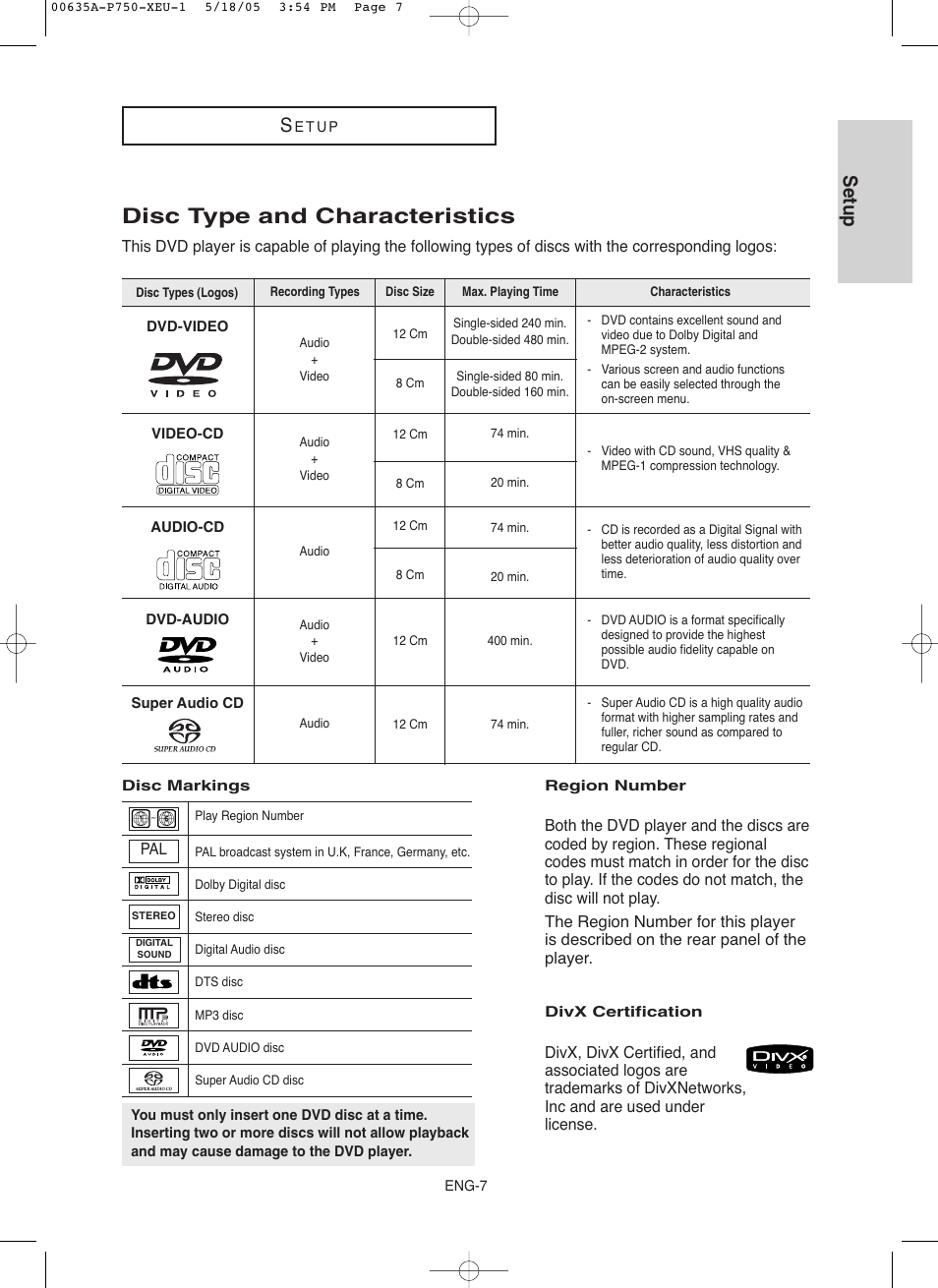 Disc type and characteristics, Setup | Samsung DVD-P750 User Manual | Page 7 / 76