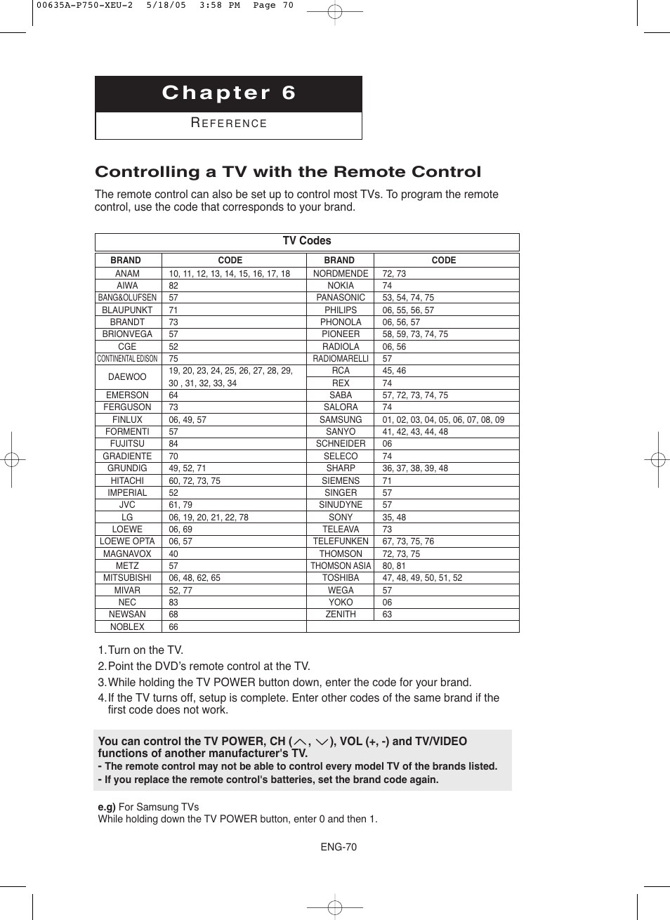 Chapter 6 reference, Controlling a tv with the remote control | Samsung DVD-P750 User Manual | Page 70 / 76