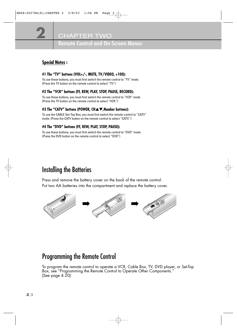 Installing the batteries, Programming the remote control | Samsung SIR-T165 User Manual | Page 24 / 63