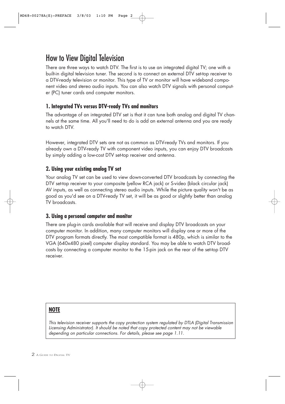 How to view digital television, Integrated tvs versus dtv-ready tvs and monitors, Using your existing analog tv set | Using a personal computer and monitor | Samsung SIR-T165 User Manual | Page 6 / 63