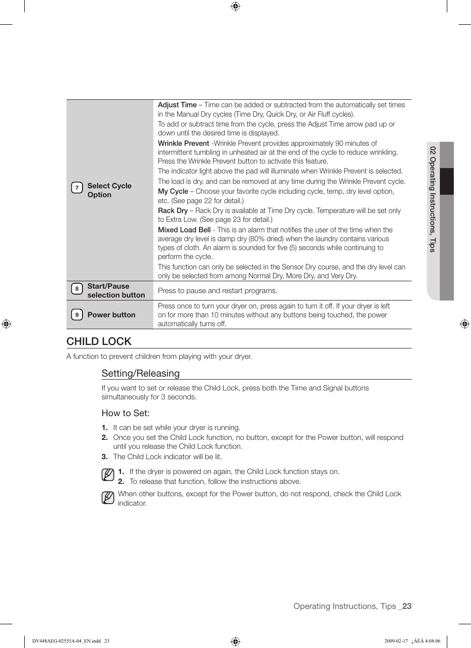 Child lock, Setting/releasing | Samsung DV438AGR User Manual | Page 23 / 76