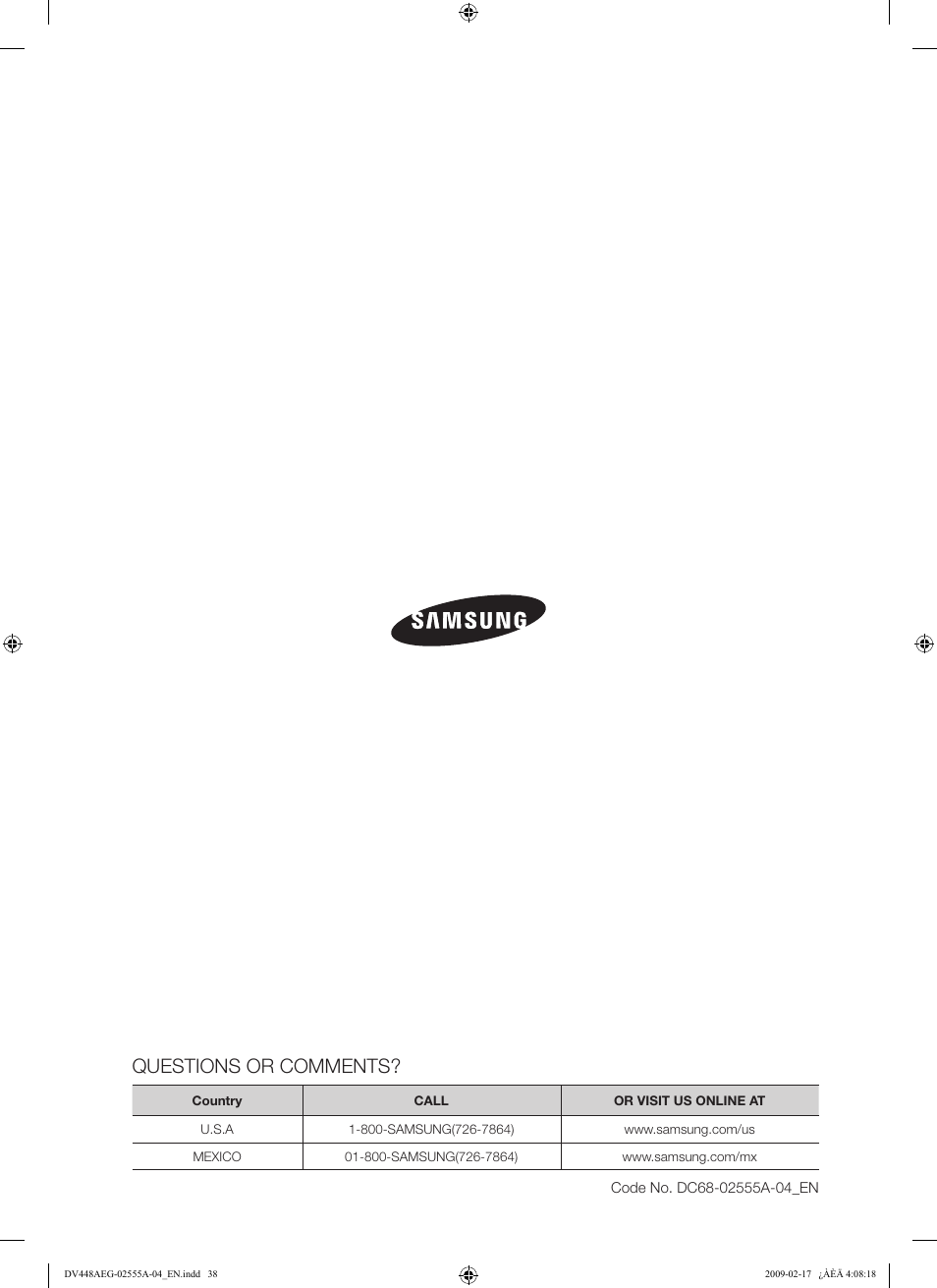 Questions or comments | Samsung DV438AGR User Manual | Page 38 / 76