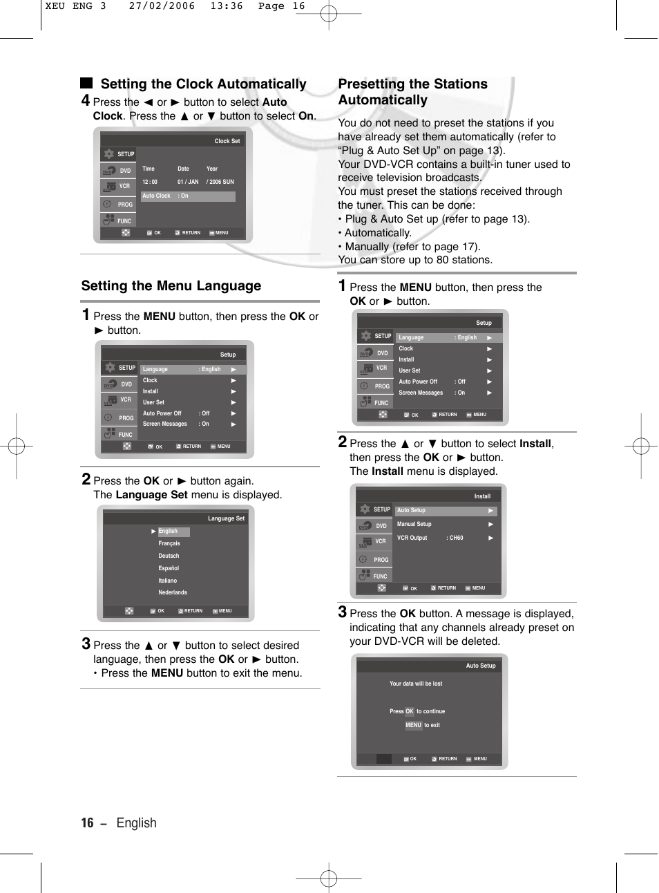 Setting the clock automatically, Setting the menu language, Presetting the stations automatically | Samsung DVD-V5600 User Manual | Page 16 / 56