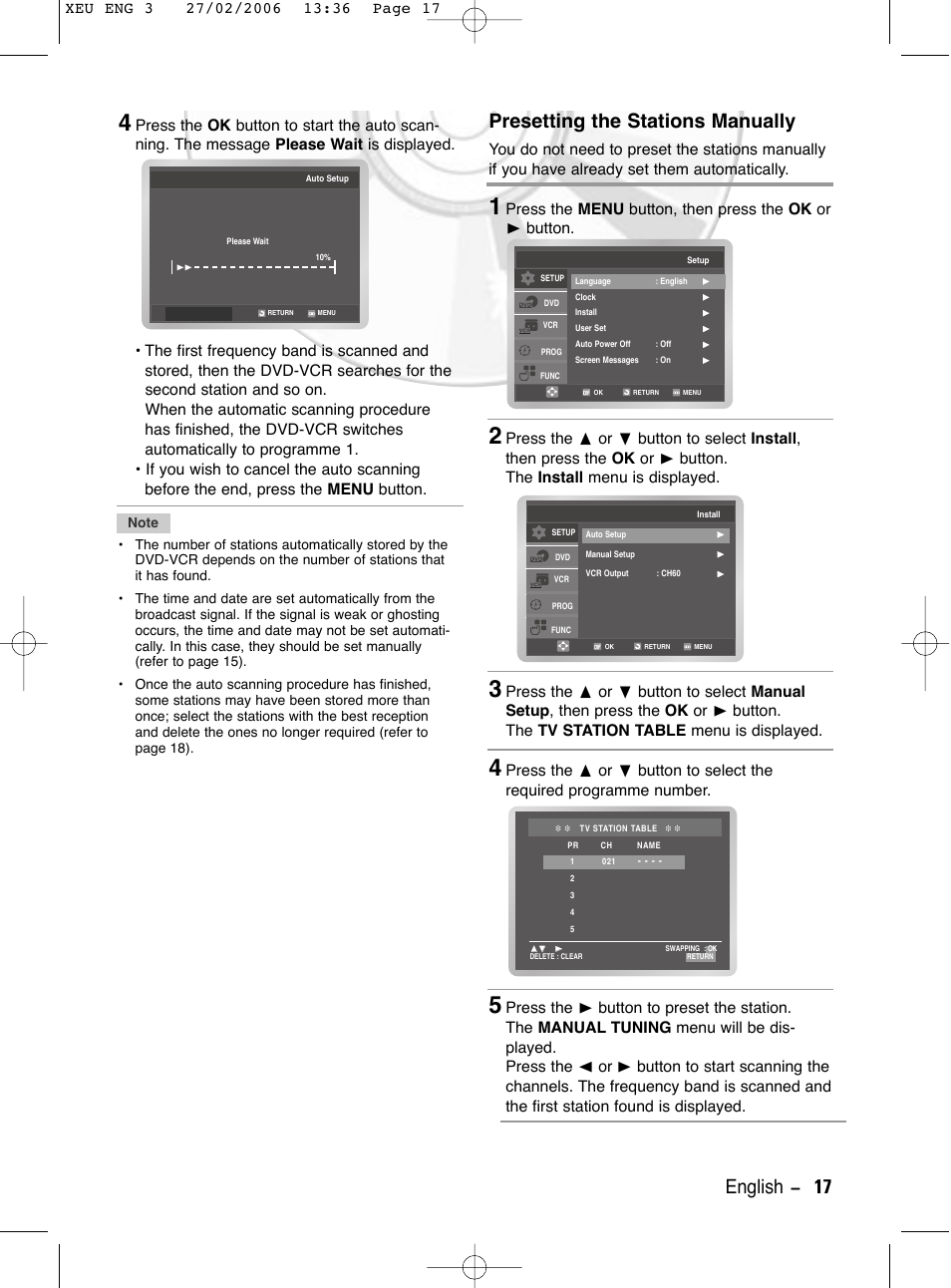 Presetting the stations manually, English - 17 | Samsung DVD-V5600 User Manual | Page 17 / 56
