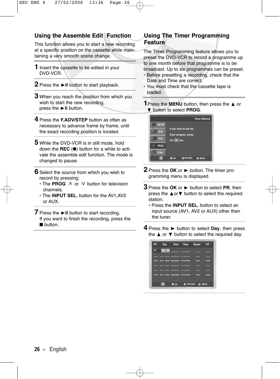 Using the assemble edit function, Using the timer programming feature, 26 - english using the assemble edit function | Samsung DVD-V5600 User Manual | Page 26 / 56