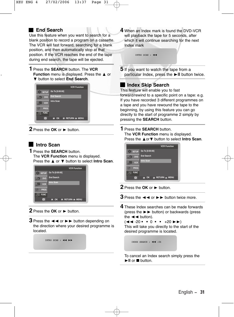 End search, Intro scan, Index skip search | English - 31 index skip search | Samsung DVD-V5600 User Manual | Page 31 / 56