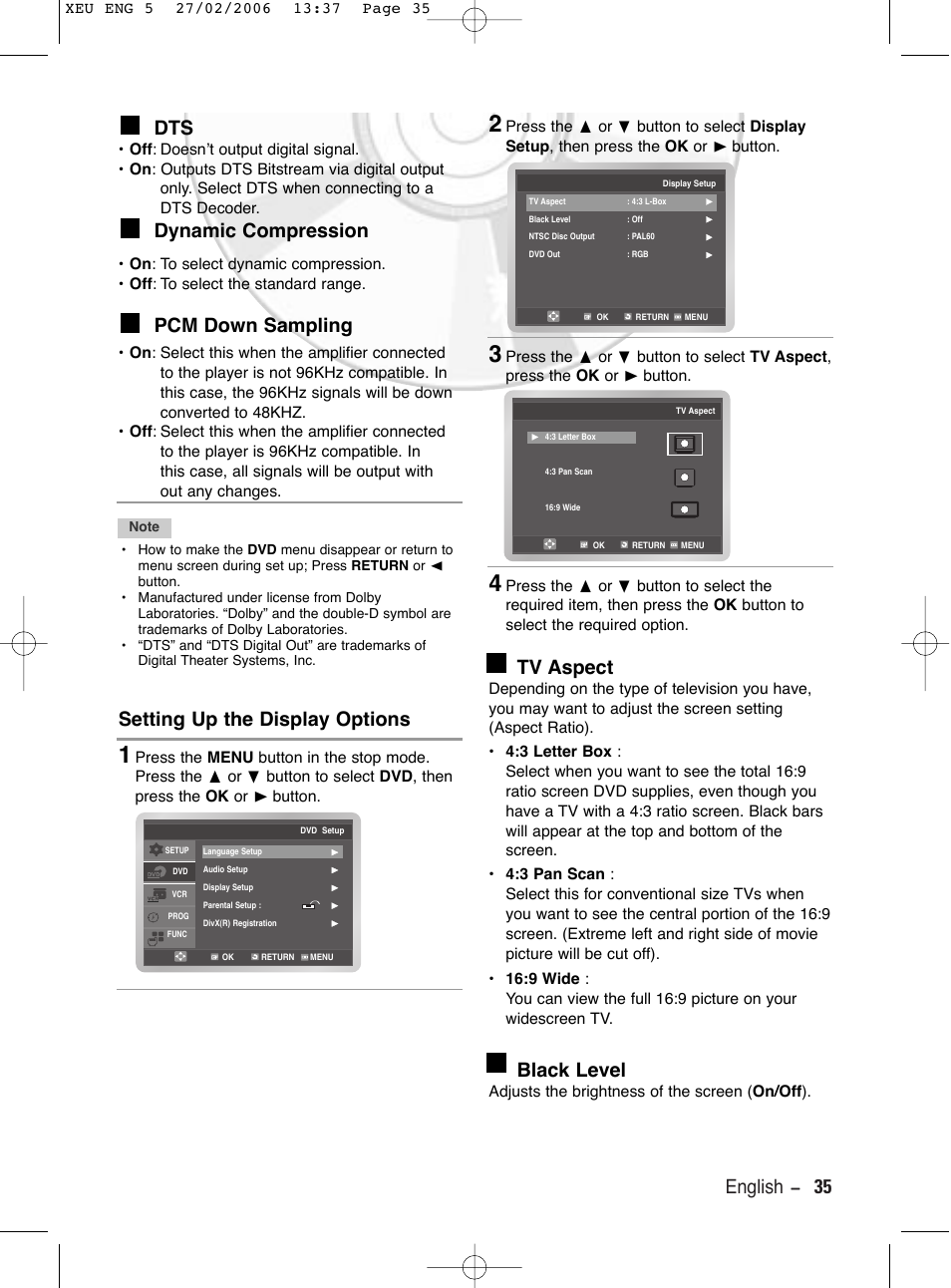 Dynamic compression, Pcm down sampling, Setting up the display options | Tv aspect, Black level, English - 35 dts | Samsung DVD-V5600 User Manual | Page 35 / 56