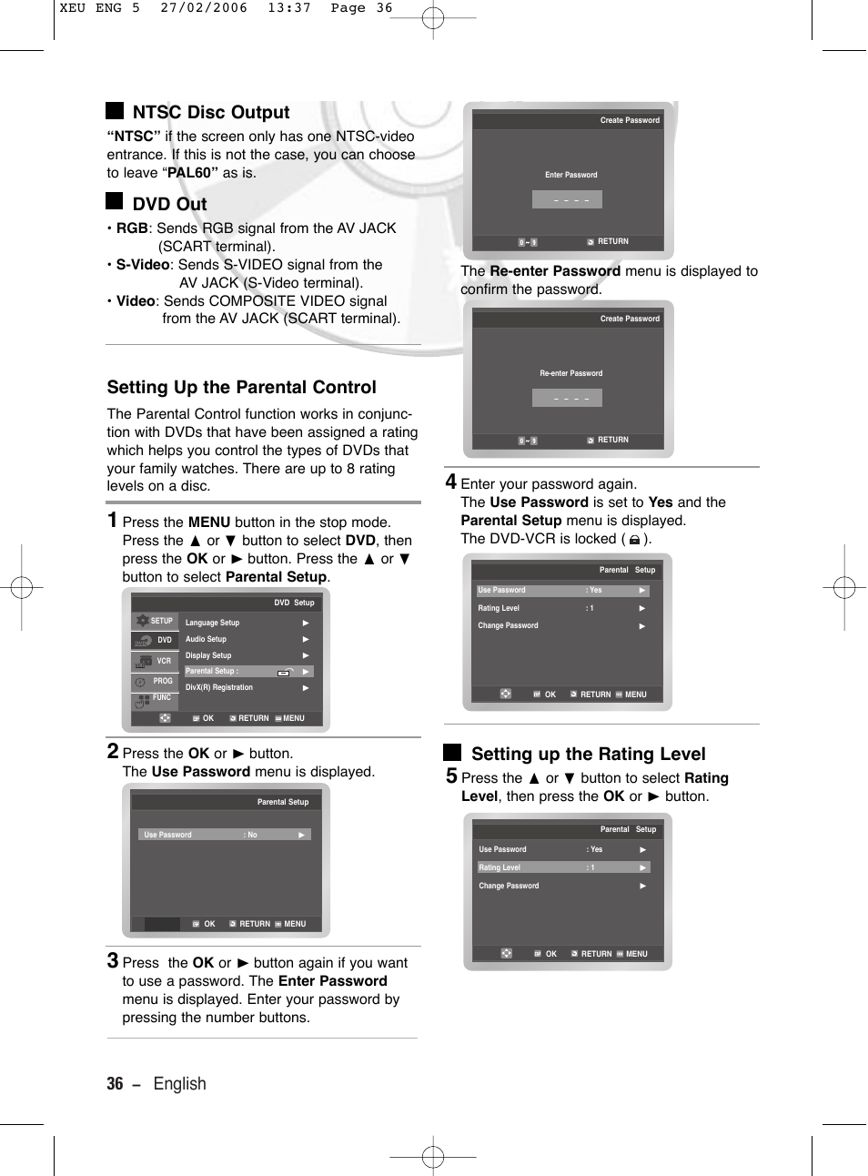 Ntsc disc output, Dvd out, Setting up the parental control | Setting up the rating level, 36 - english dvd out | Samsung DVD-V5600 User Manual | Page 36 / 56