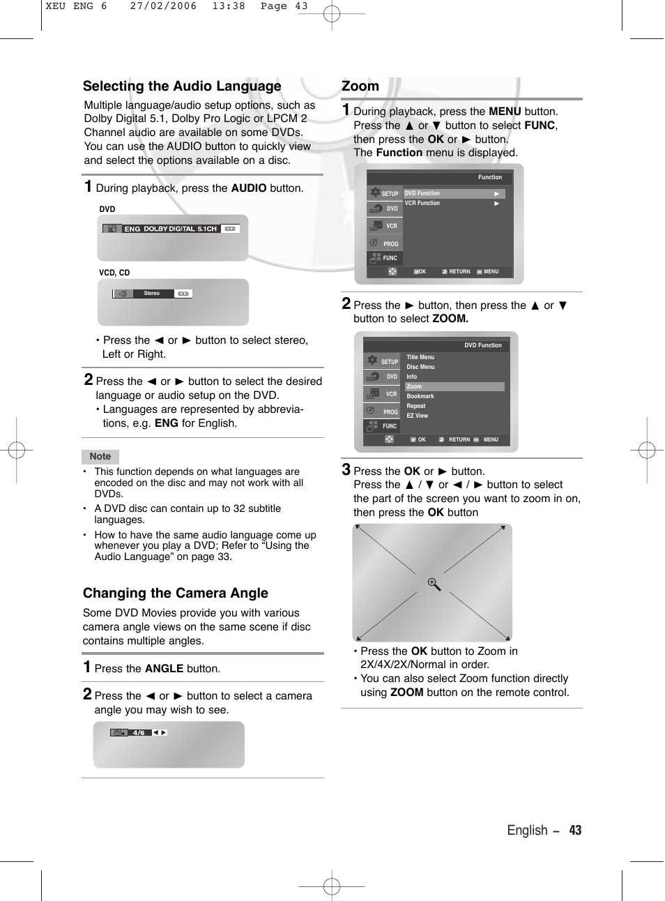 Selecting the audio language, Changing the camera angle, Zoom | English - 43 zoom | Samsung DVD-V5600 User Manual | Page 43 / 56