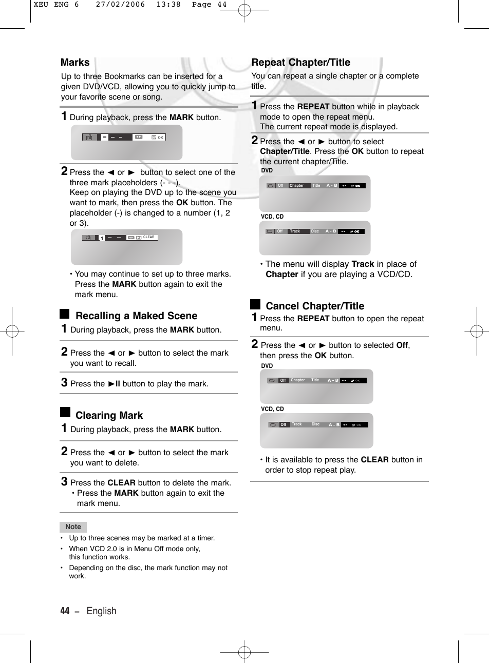 Marks, Recalling a maked scene, Clearing mark | Repeat chapter/title, Cancel chapter/title, 44 - english marks | Samsung DVD-V5600 User Manual | Page 44 / 56
