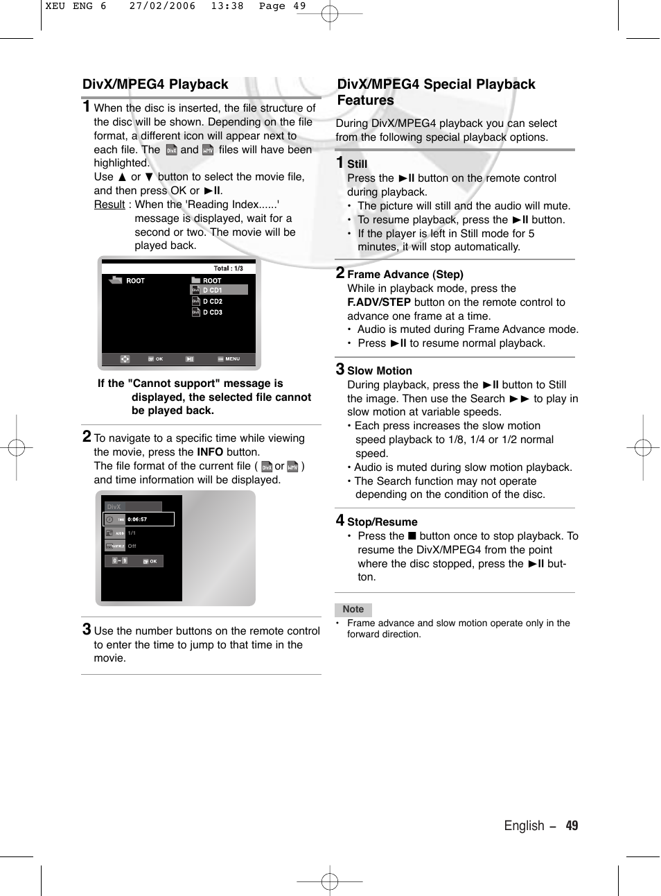 Divx/mpeg4 playback, Divx/mpeg4 special playback features, English - 49 divx/mpeg4 playback | Samsung DVD-V5600 User Manual | Page 49 / 56