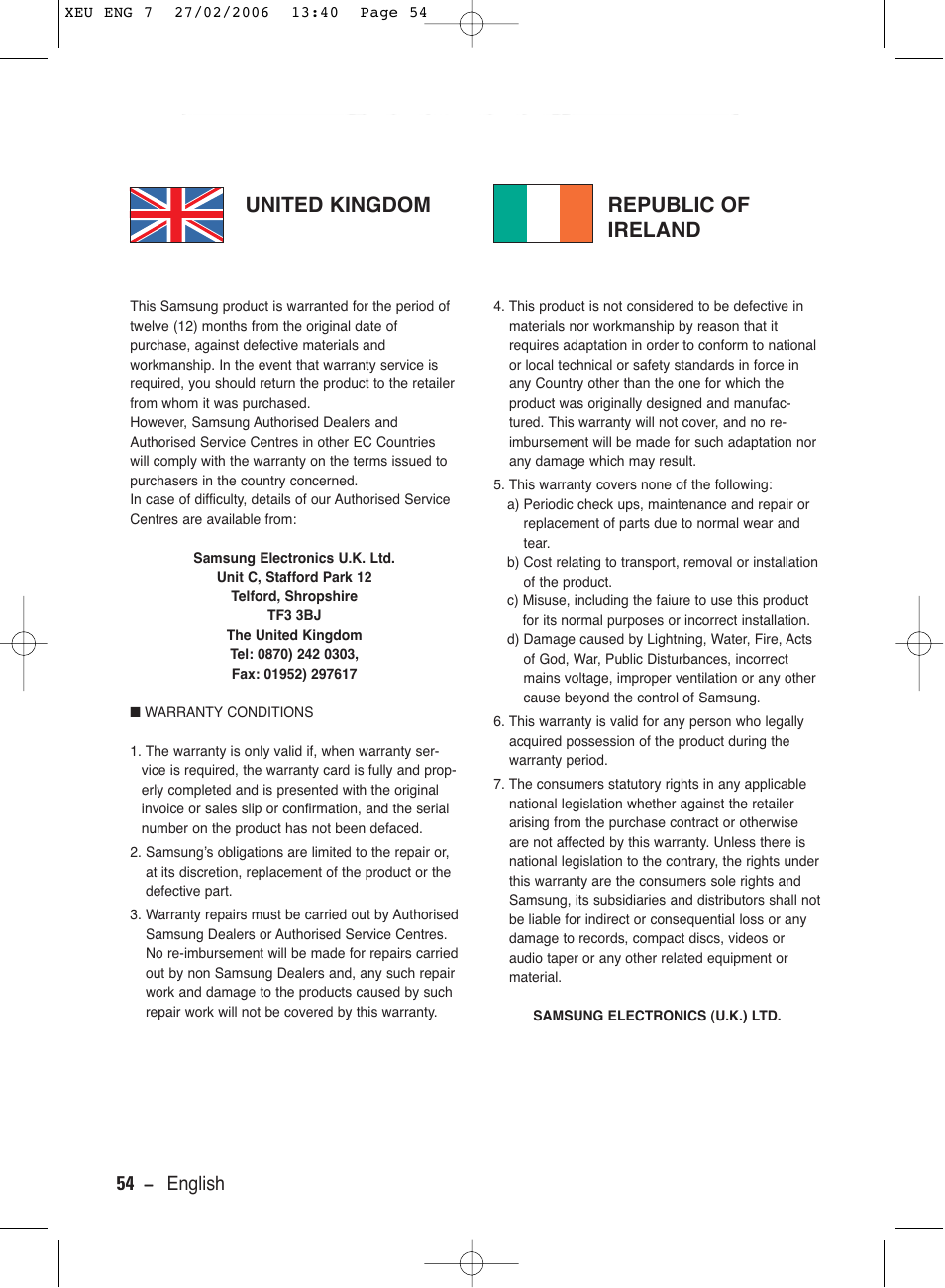 United kingdom republic of ireland, 54 - english | Samsung DVD-V5600 User Manual | Page 54 / 56