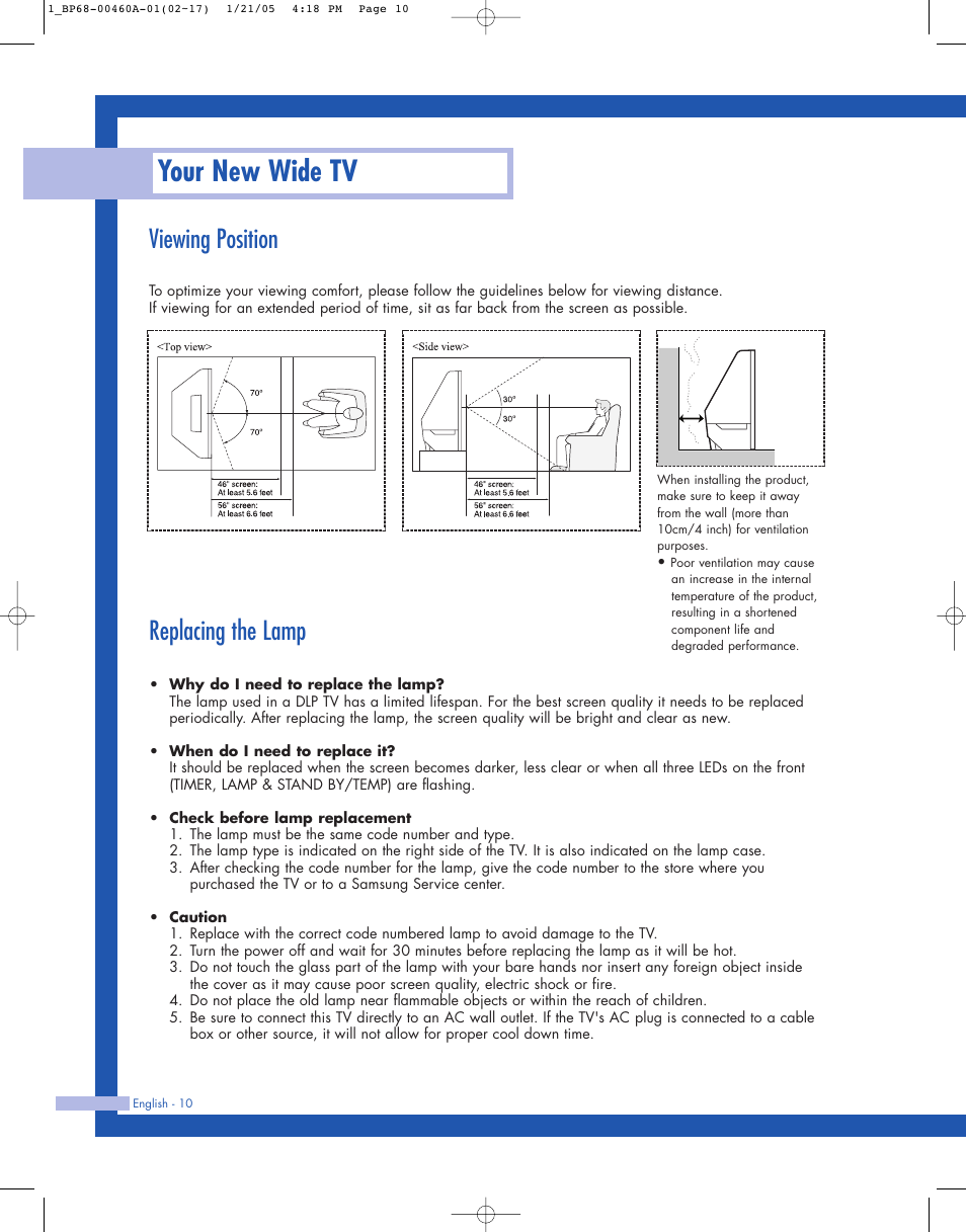 Viewing position, Replacing the lamp, Your new wide tv | Samsung HL-R4677W User Manual | Page 10 / 104