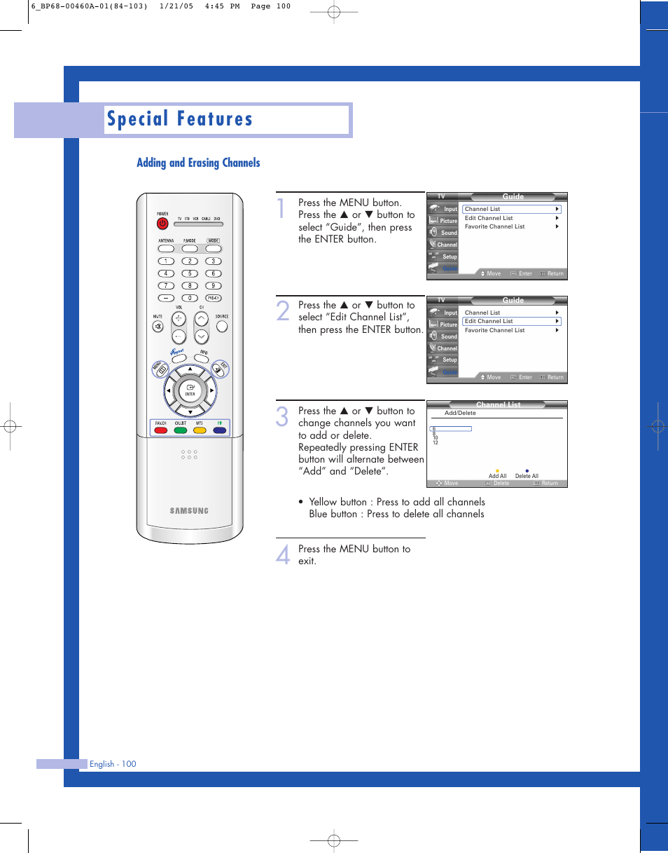 Special features, Adding and erasing channels | Samsung HL-R4677W User Manual | Page 100 / 104