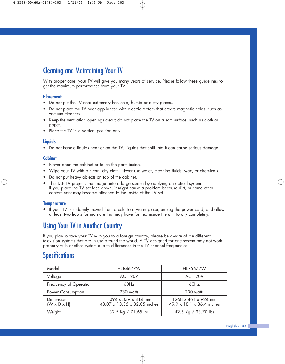 Cleaning and maintaining your tv, Using your tv in another country, Specifications | Samsung HL-R4677W User Manual | Page 103 / 104